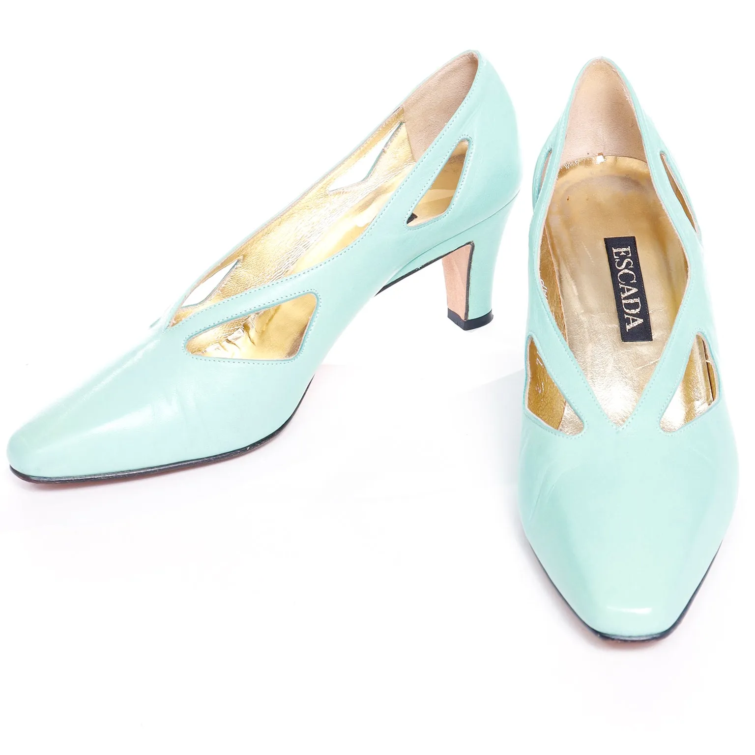 1980s Escada Mint Green Leather Cutout Shoes W Box & Bag