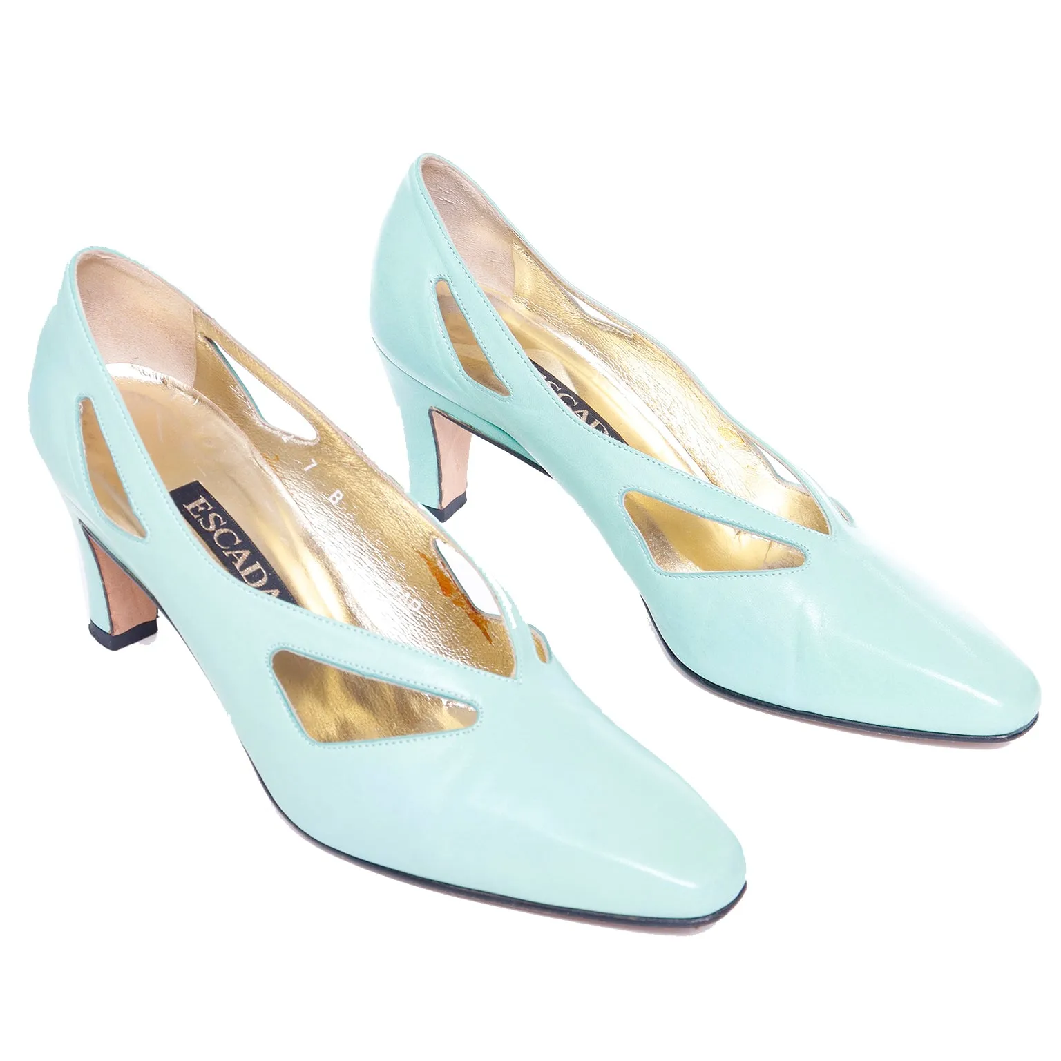 1980s Escada Mint Green Leather Cutout Shoes W Box & Bag