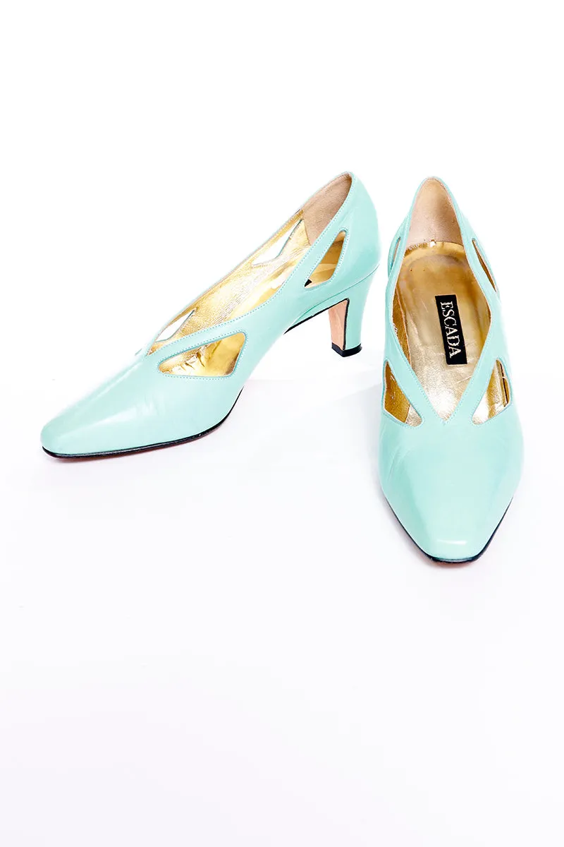 1980s Escada Mint Green Leather Cutout Shoes W Box & Bag