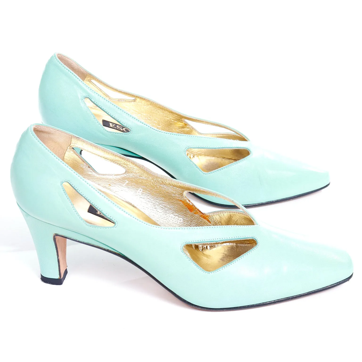 1980s Escada Mint Green Leather Cutout Shoes W Box & Bag