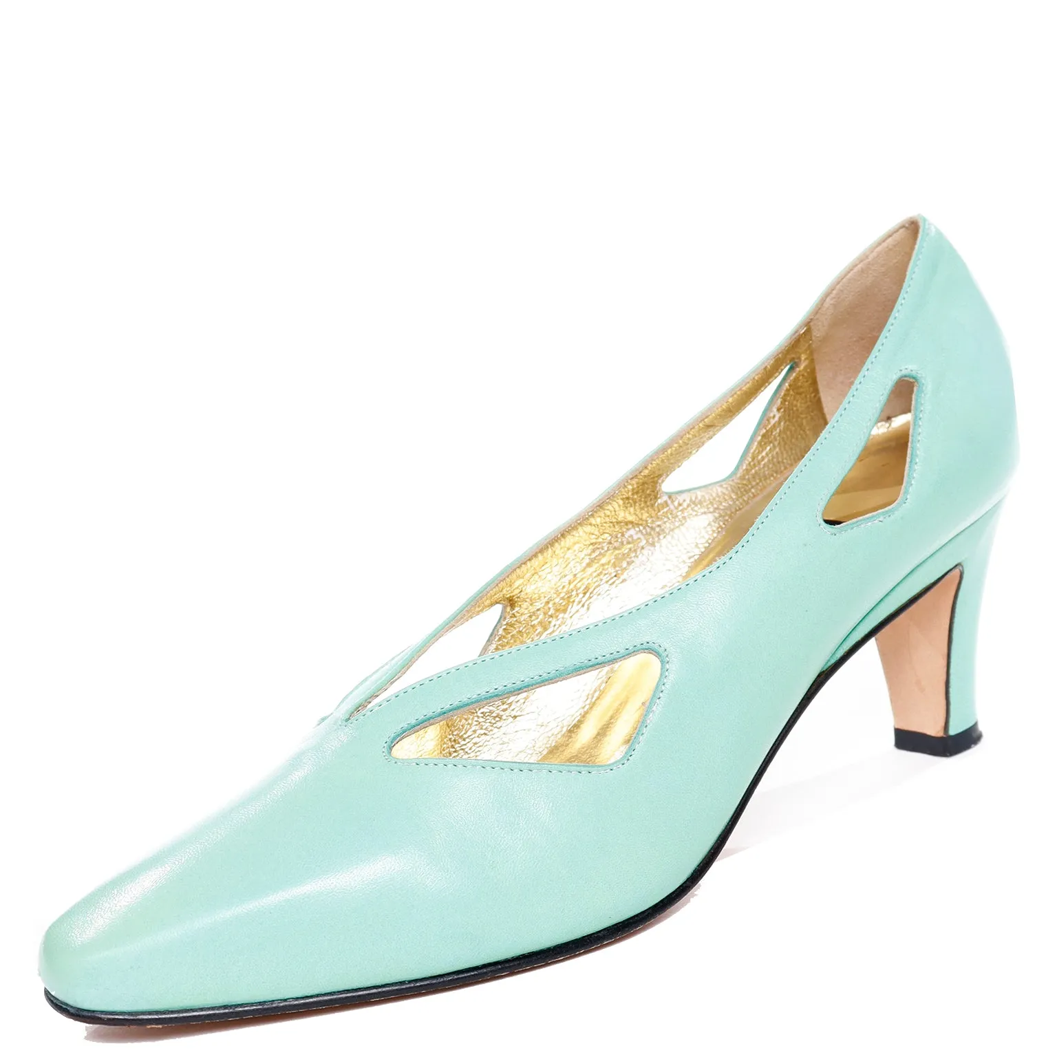 1980s Escada Mint Green Leather Cutout Shoes W Box & Bag