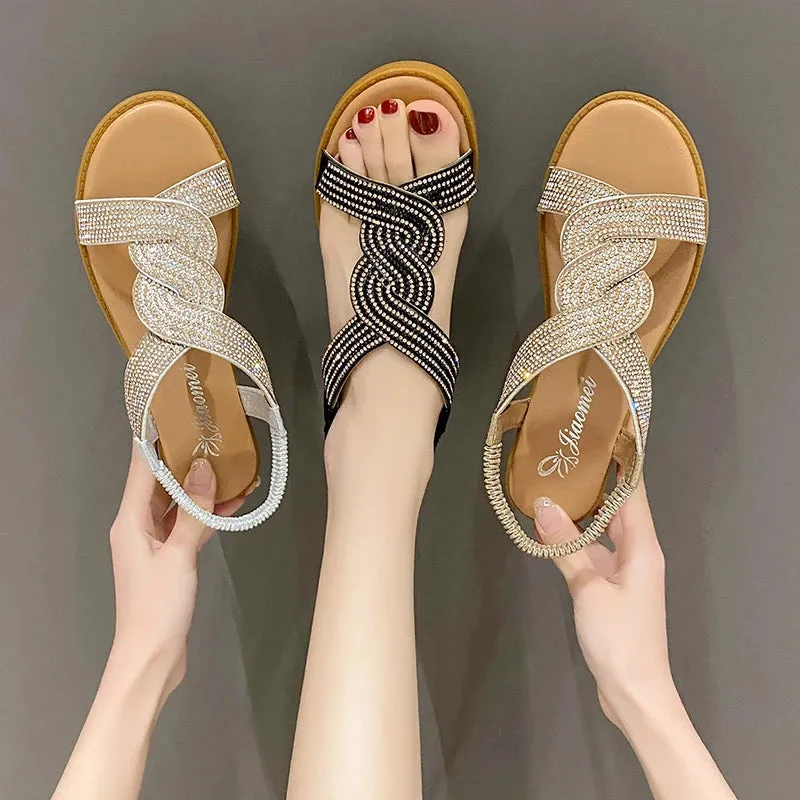 2024 New Fashion Flat Woman Sandals Shoes Round Toe Summer Shoes Women Heel Diamond Decoration Slip on Size 35-40 Sandals Women