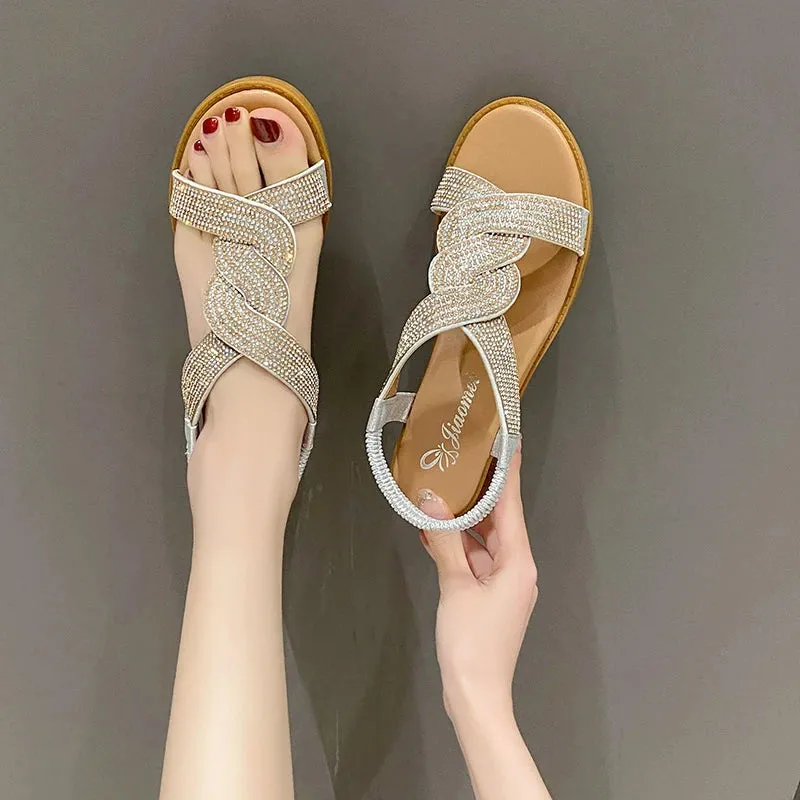 2024 New Fashion Flat Woman Sandals Shoes Round Toe Summer Shoes Women Heel Diamond Decoration Slip on Size 35-40 Sandals Women