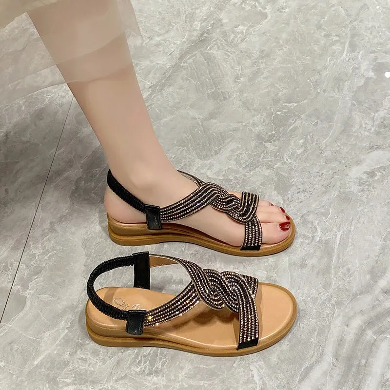 2024 New Fashion Flat Woman Sandals Shoes Round Toe Summer Shoes Women Heel Diamond Decoration Slip on Size 35-40 Sandals Women