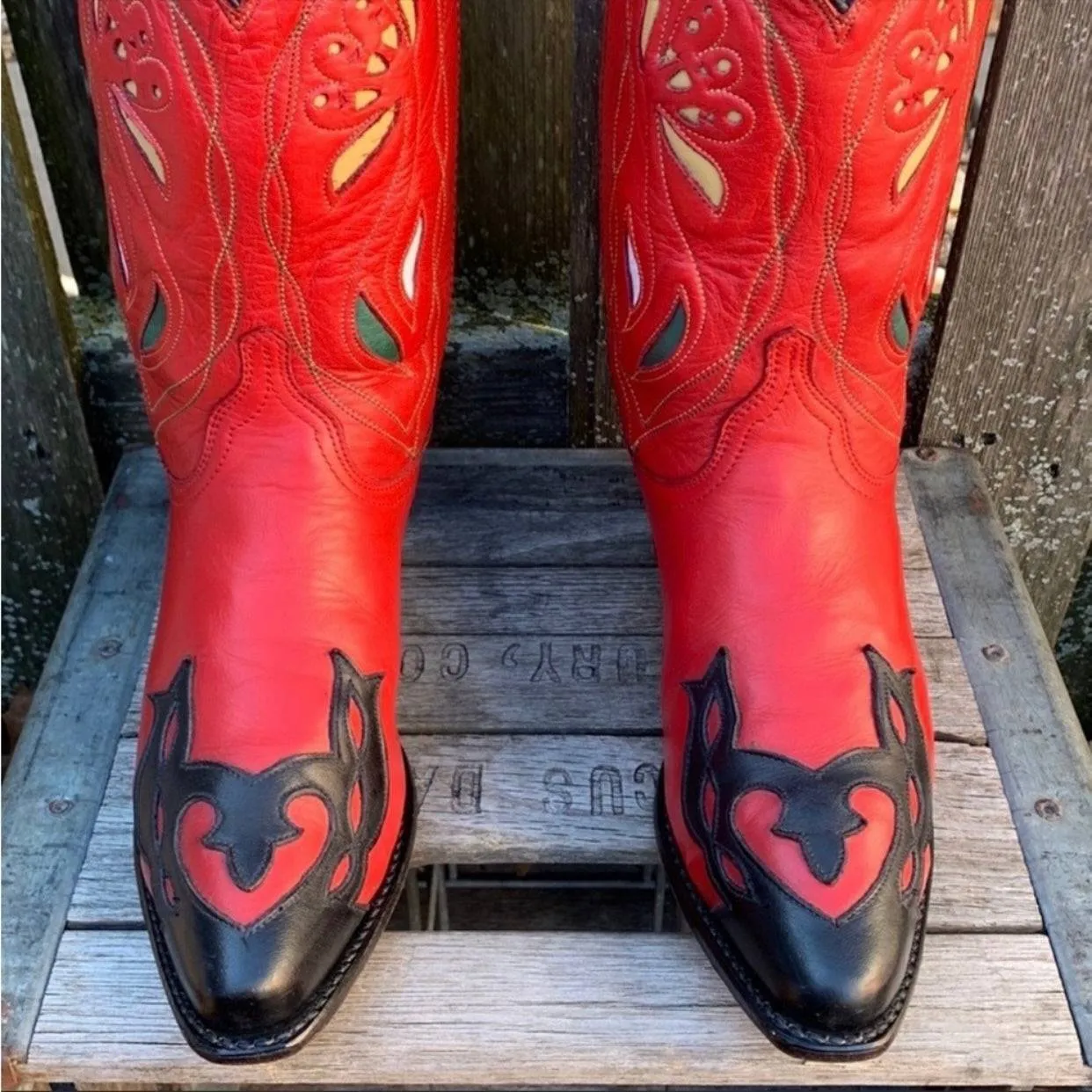 ACME Vintage Floral Red Black Leather Cowgirl Cowboy Western Boots