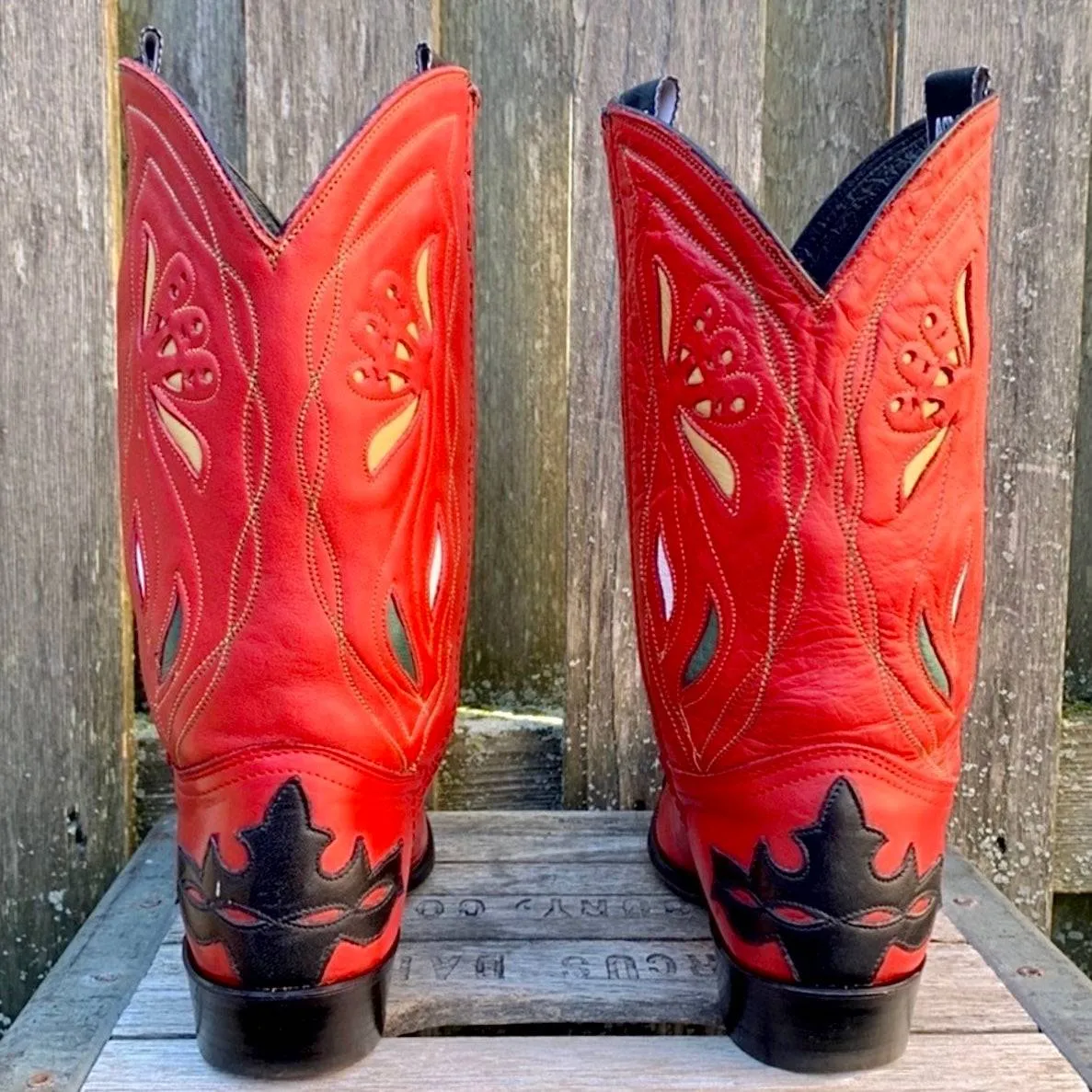 ACME Vintage Floral Red Black Leather Cowgirl Cowboy Western Boots