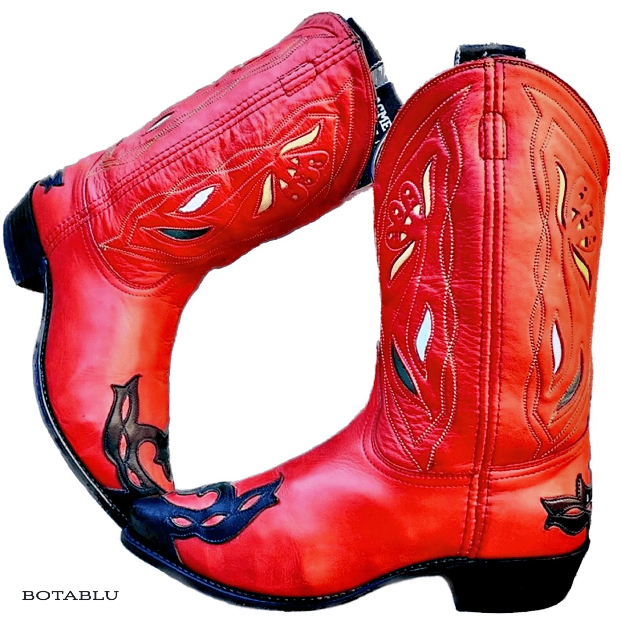 ACME Vintage Floral Red Black Leather Cowgirl Cowboy Western Boots