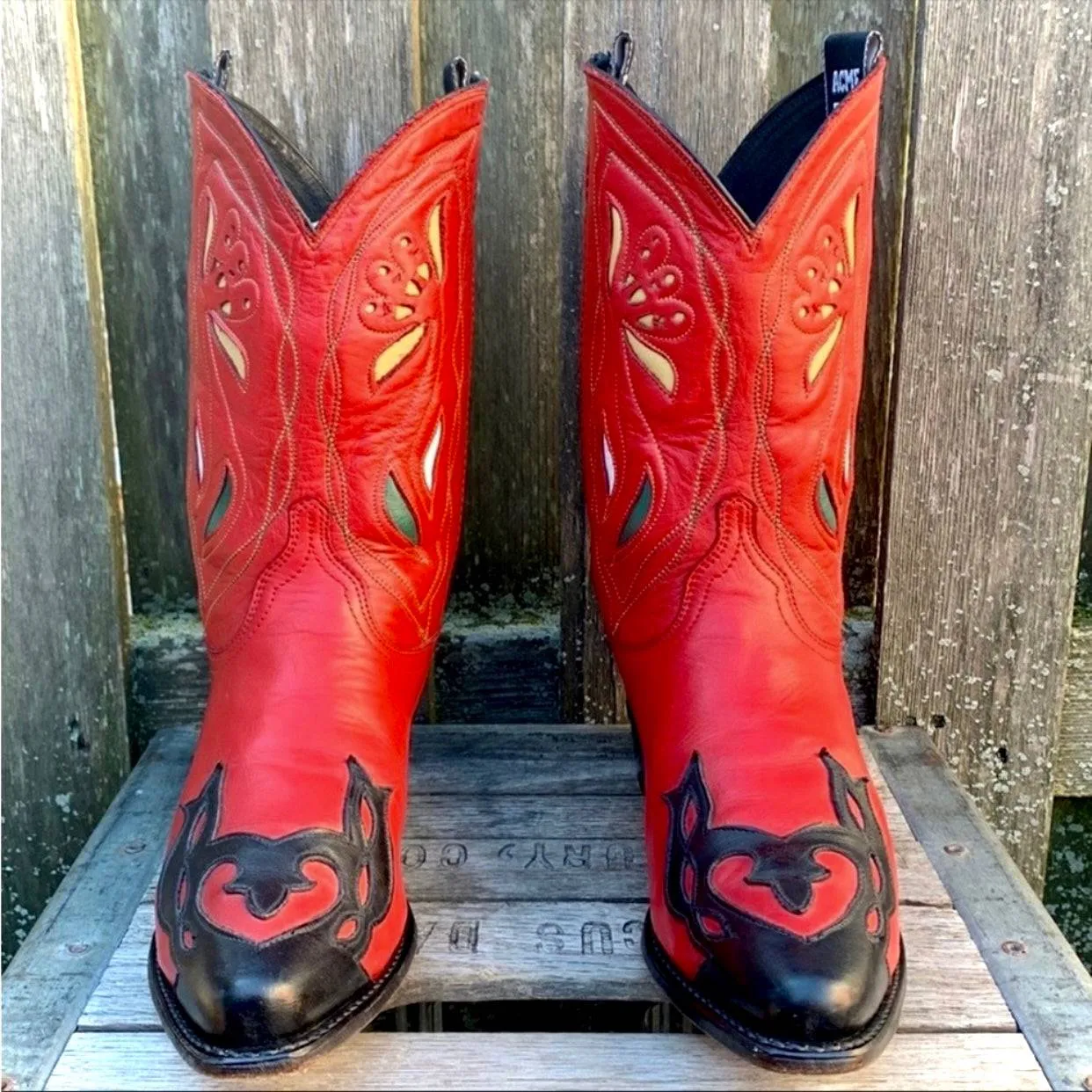 ACME Vintage Floral Red Black Leather Cowgirl Cowboy Western Boots