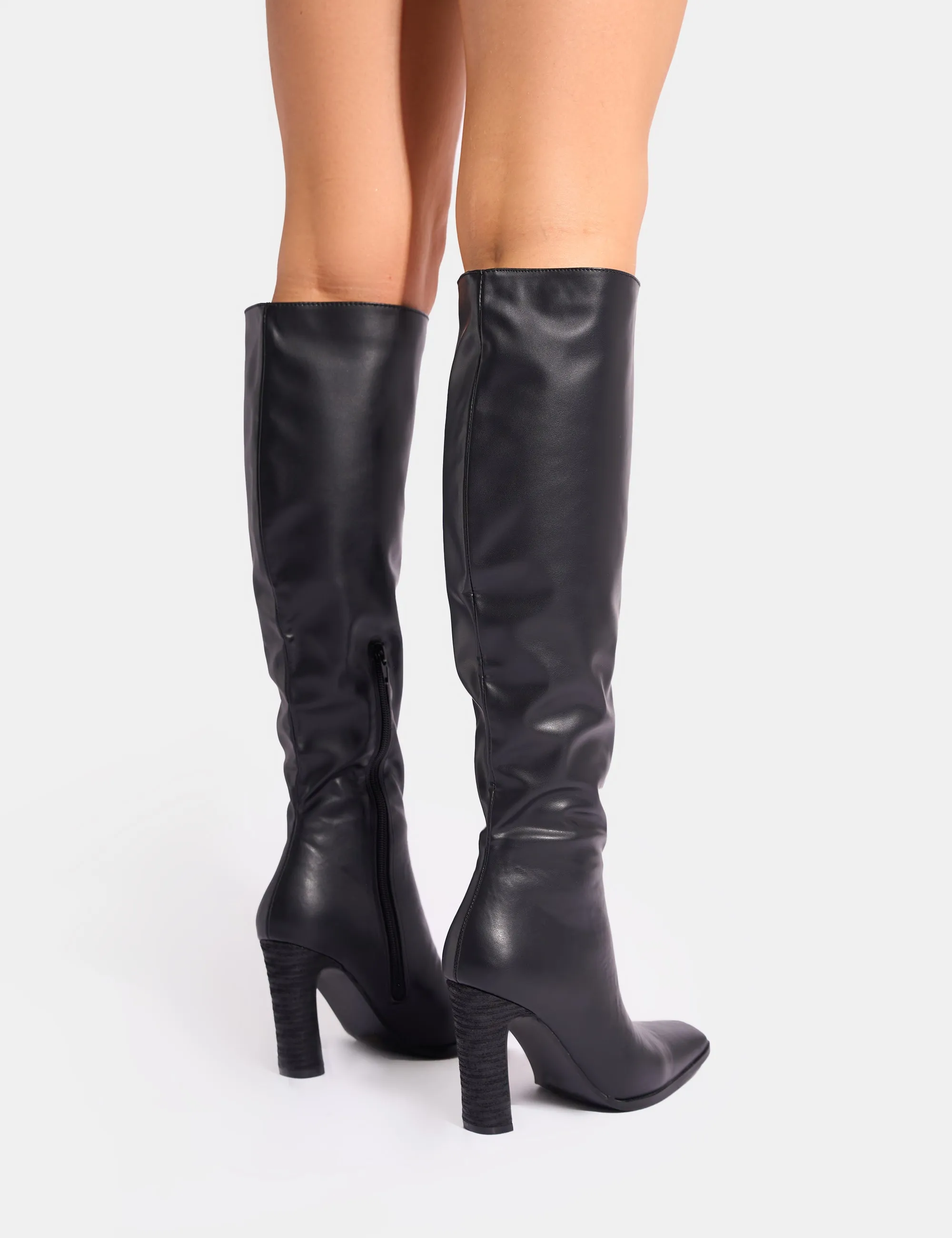 Acquilla Black Knee High Flared Heel Boots