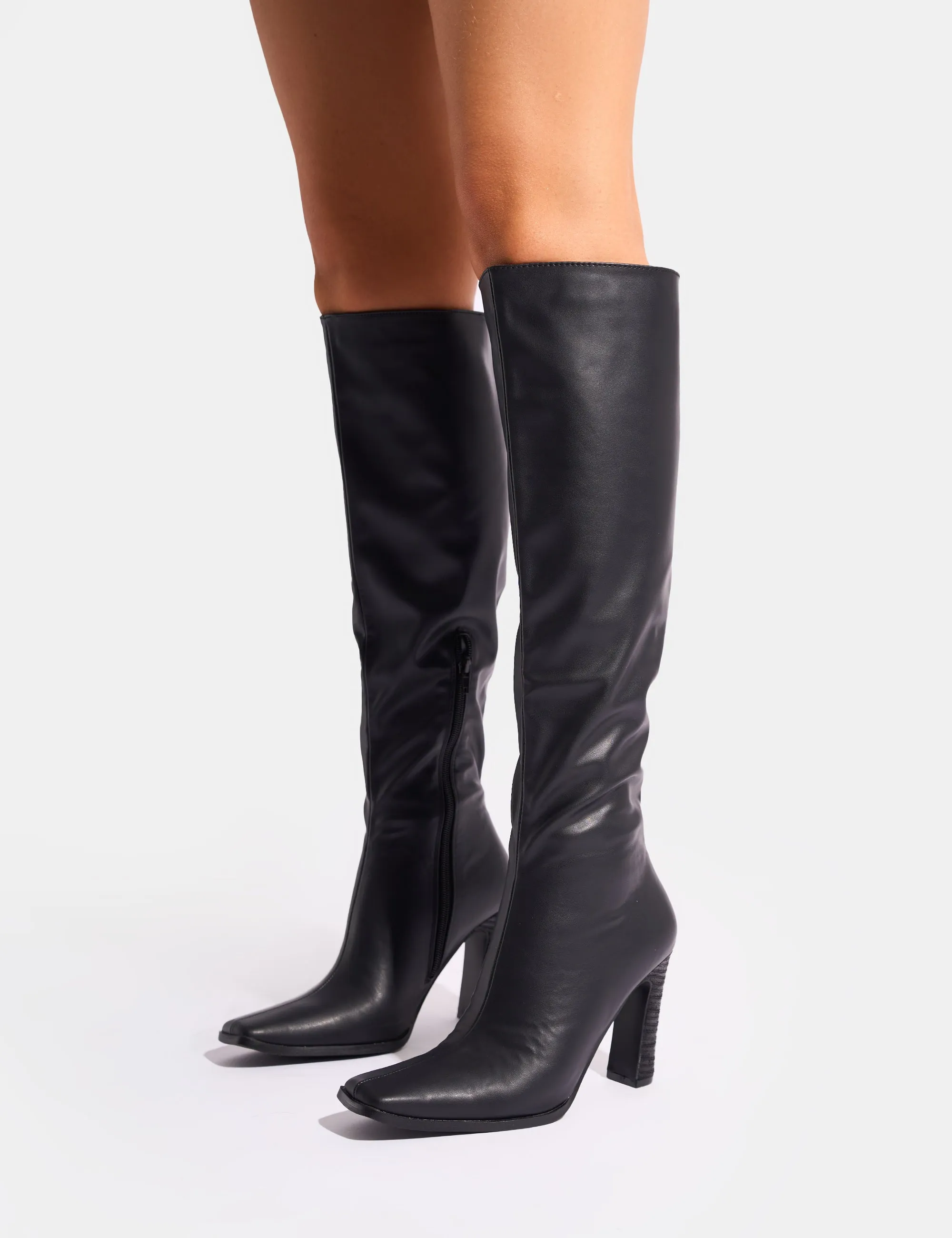 Acquilla Black Knee High Flared Heel Boots