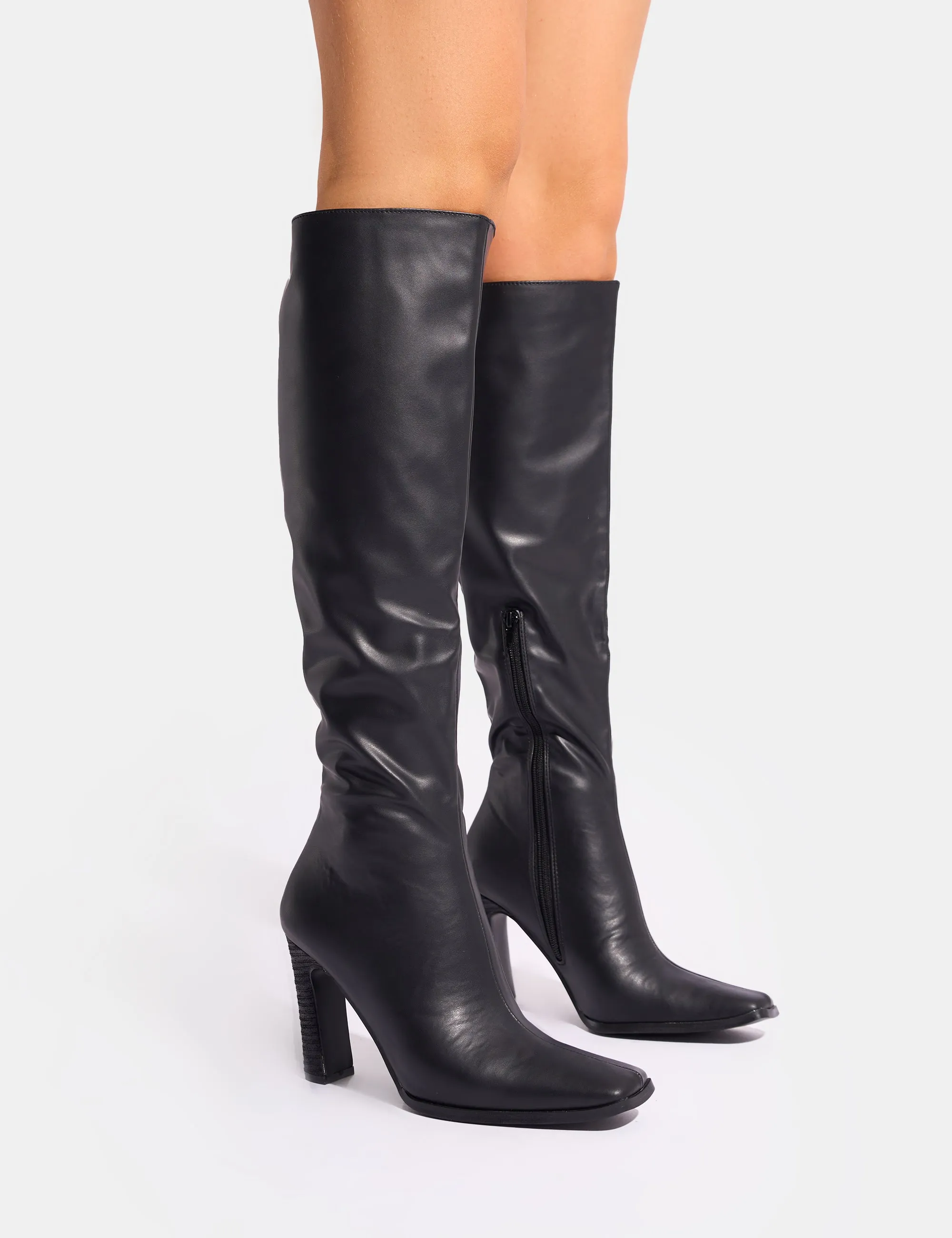 Acquilla Black Knee High Flared Heel Boots