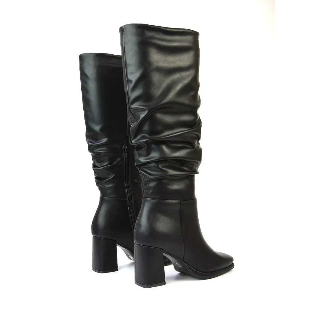 Aero Ruched Block Heel Wide Fit Knee High Boots in Black Synthetic Leather