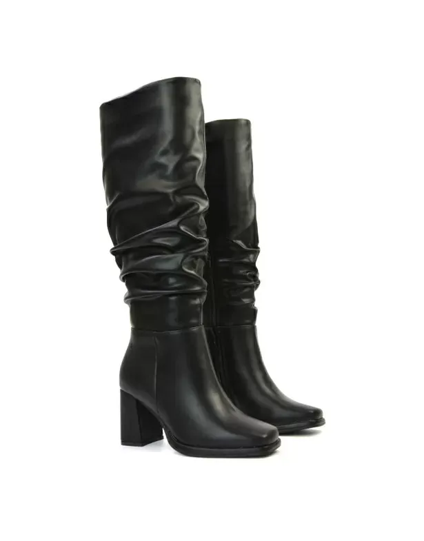 Aero Ruched Block Heel Wide Fit Knee High Boots in Black Synthetic Leather