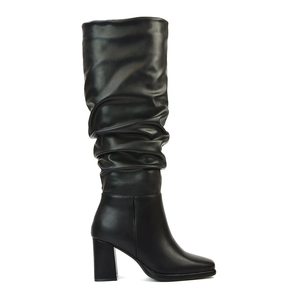 Aero Ruched Block Heel Wide Fit Knee High Boots in Black Synthetic Leather