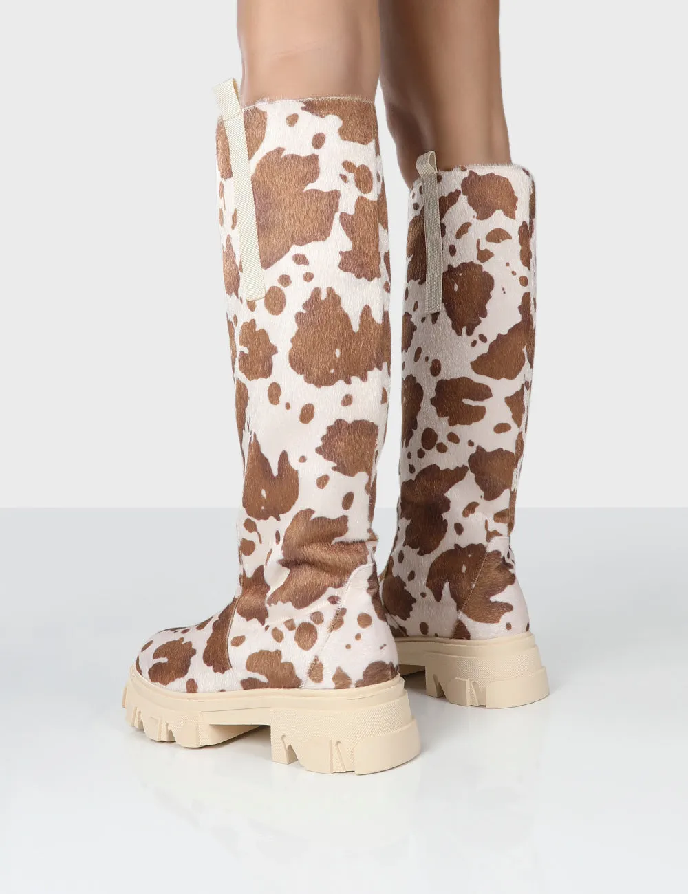 Amber x Public Desire Genius Cow Print Knee High Chunky Sole Boot