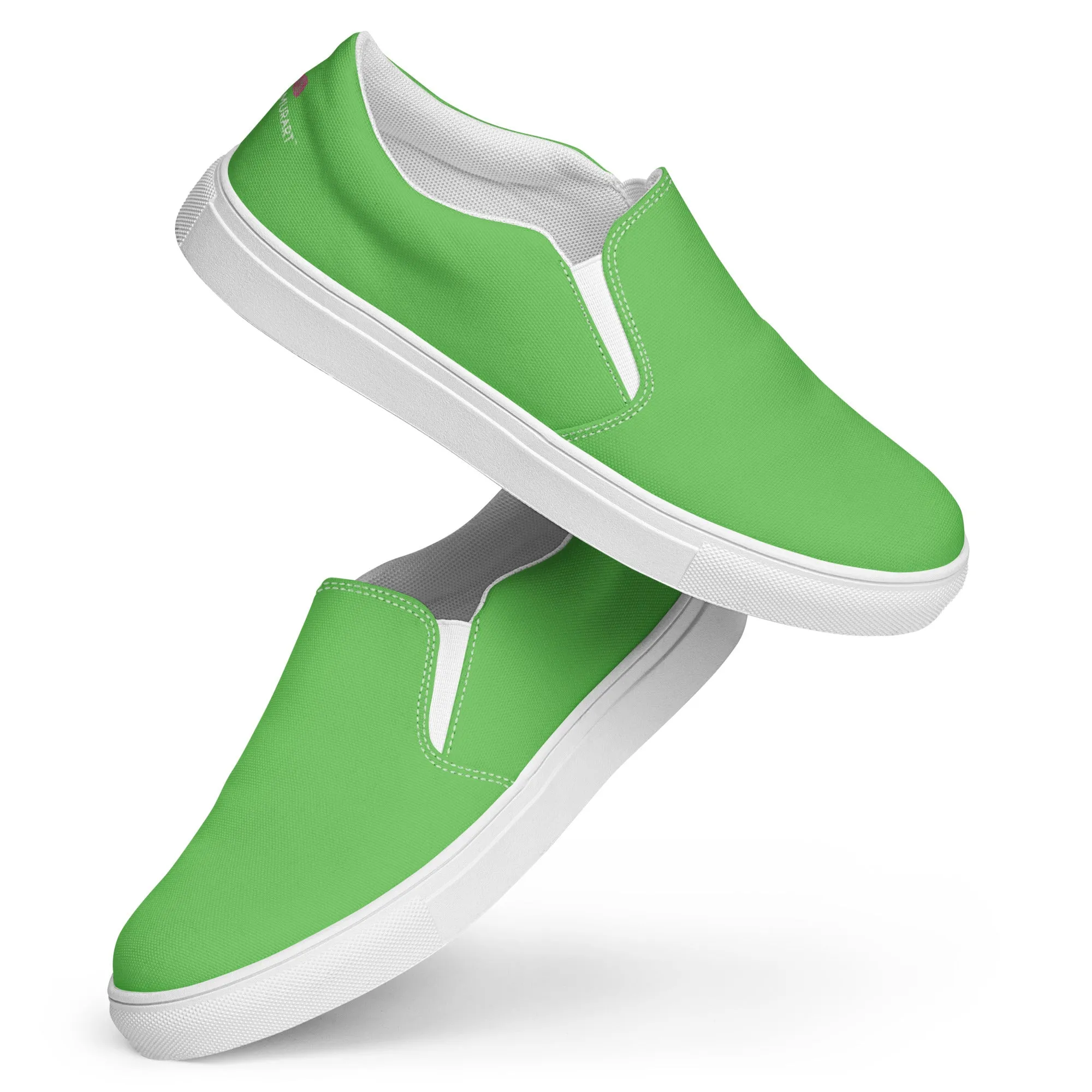 Apple Green Slip Ons For Men, Solid Bright Green Color Best Casual Breathable Men’s Slip-on Canvas Shoes (US Size: 5-13)