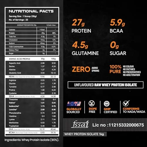 AS-IT-IS Nutrition Whey Protein Isolate 90% - 1 kg | Protein 27g & BCAA 5.9g per serving