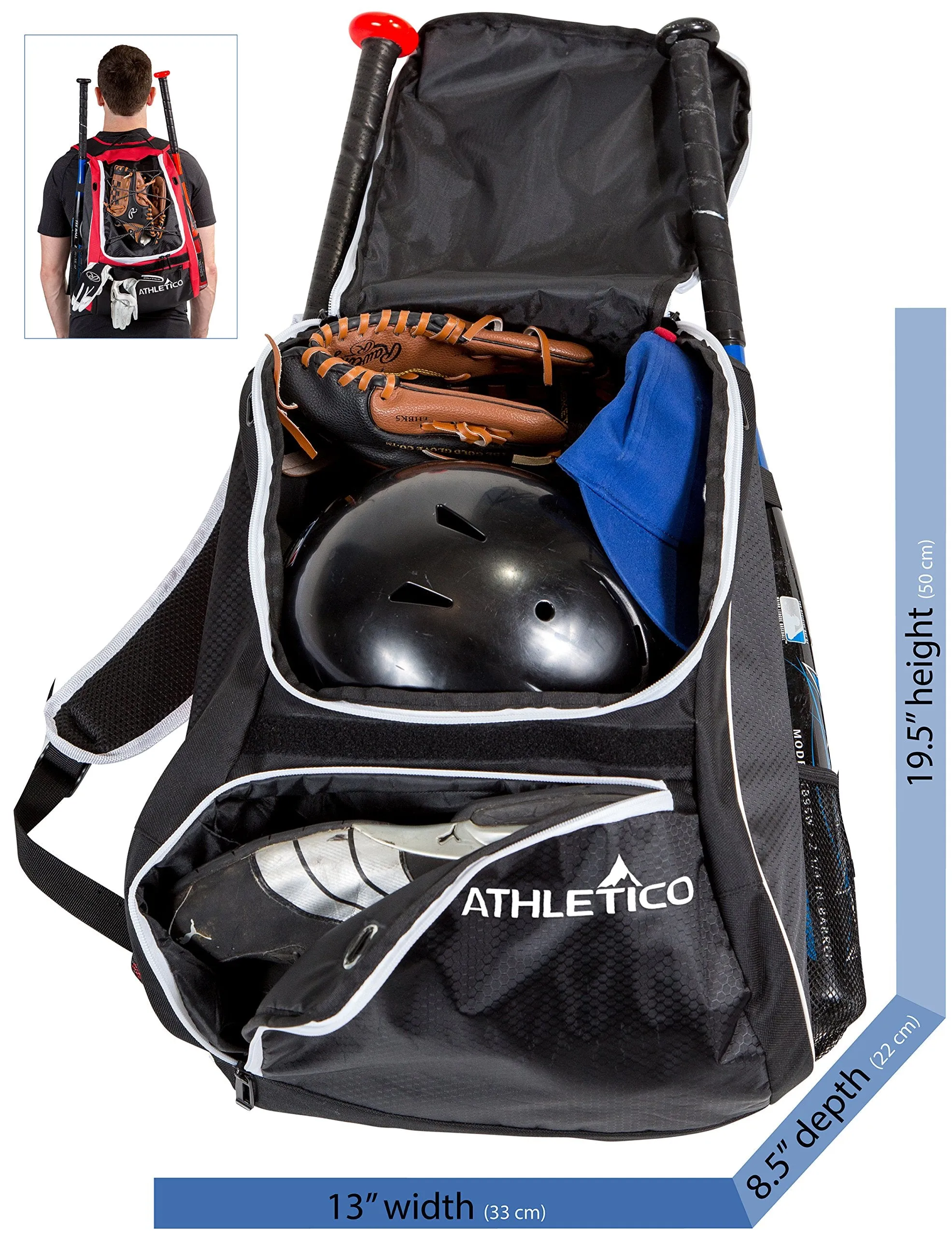 Athletico Baseball Bat Bag - Backpack for Baseball, T-Ball & Softball Equipment & Gear for Youth and Adults | Holds Bat, Helmet, Glove, Shoes |Shoe Compartment & Fence Hook (Red)