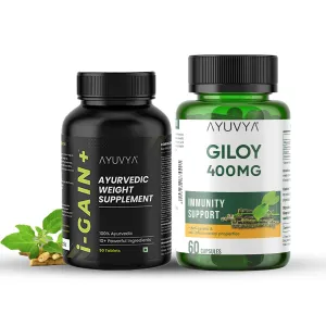 Ayuvya i-Gain  Weight Gainer & Giloy Capsules | Helps in Increasing Muscle Mass & Strength | Herbal & Natural, Weight Gain Tablets | Giloy 500mg Pure Guduchi Powder & Extract - Immunity Booster & Liver Support Supplement | Combo