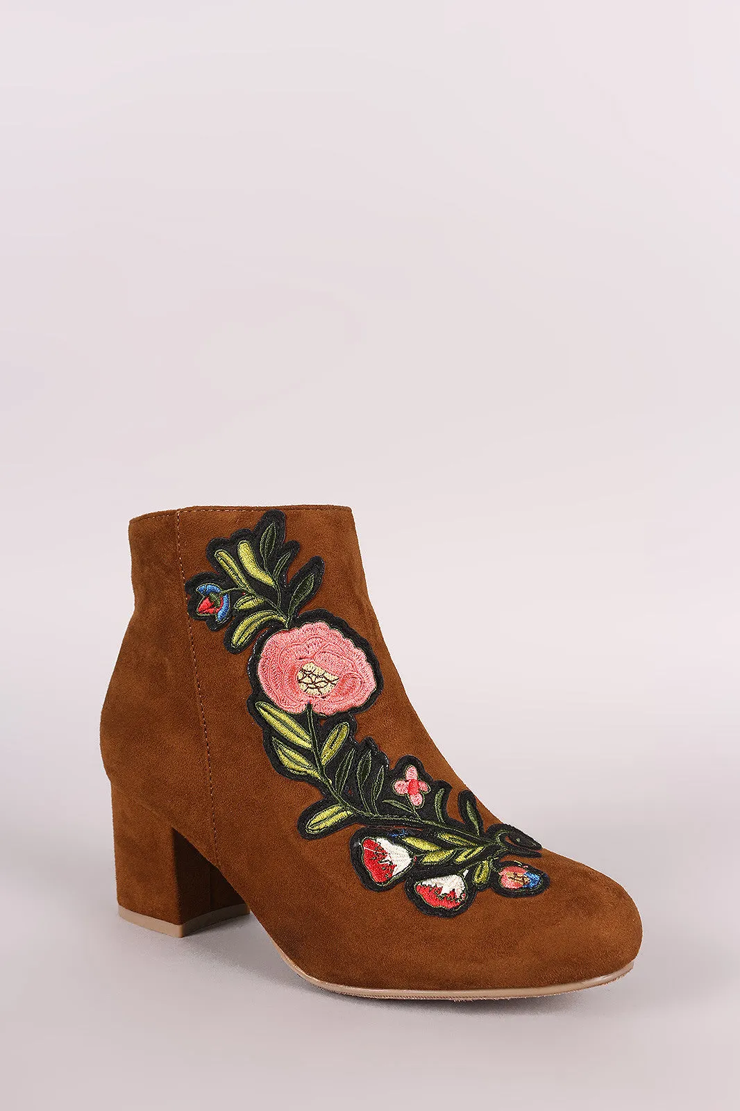 Bamboo Suede Embroidery Floral Applique Chunky Heel Booties