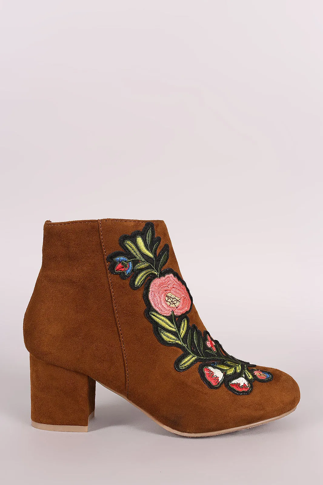 Bamboo Suede Embroidery Floral Applique Chunky Heel Booties