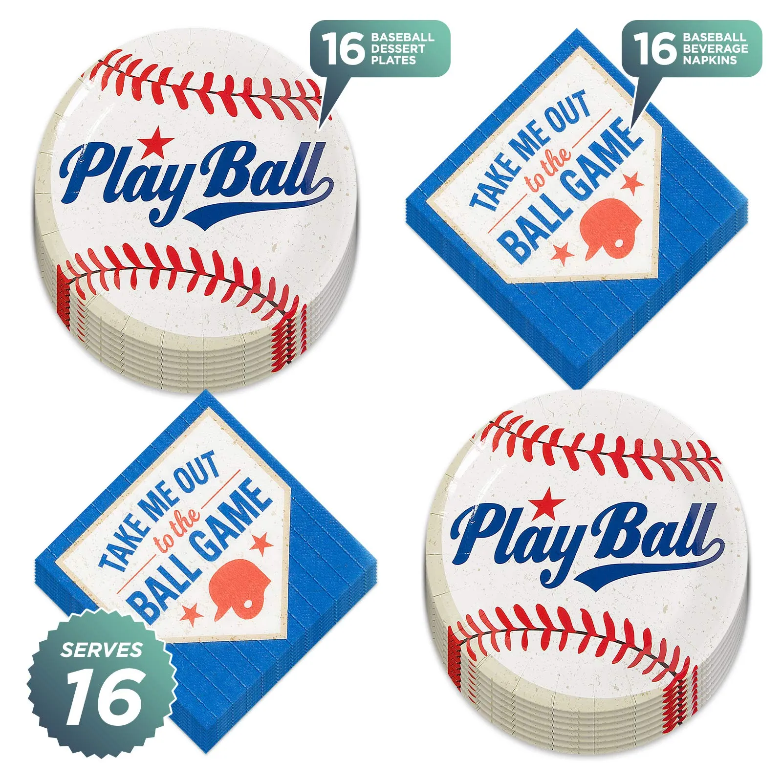 Baseball Party Play Ball Paper Dessert Plates and Home Plate Beverage Napkins (Serves 16)