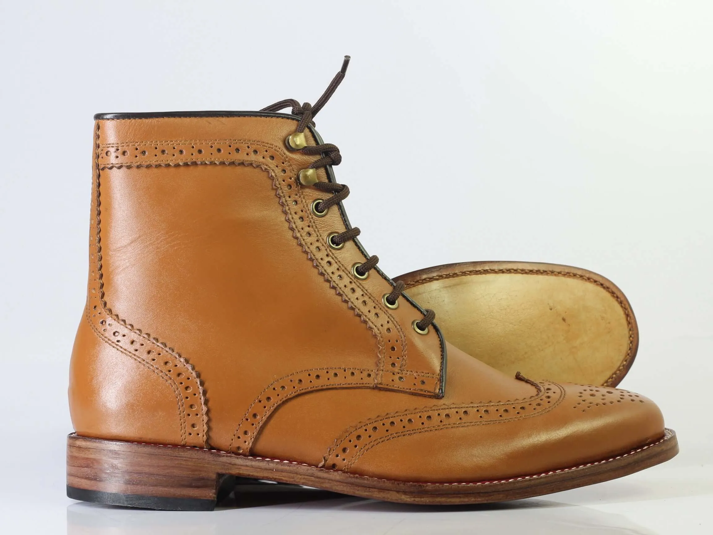 Bespoke Brown Wing Tip Brogue Lace Up Boots for Men