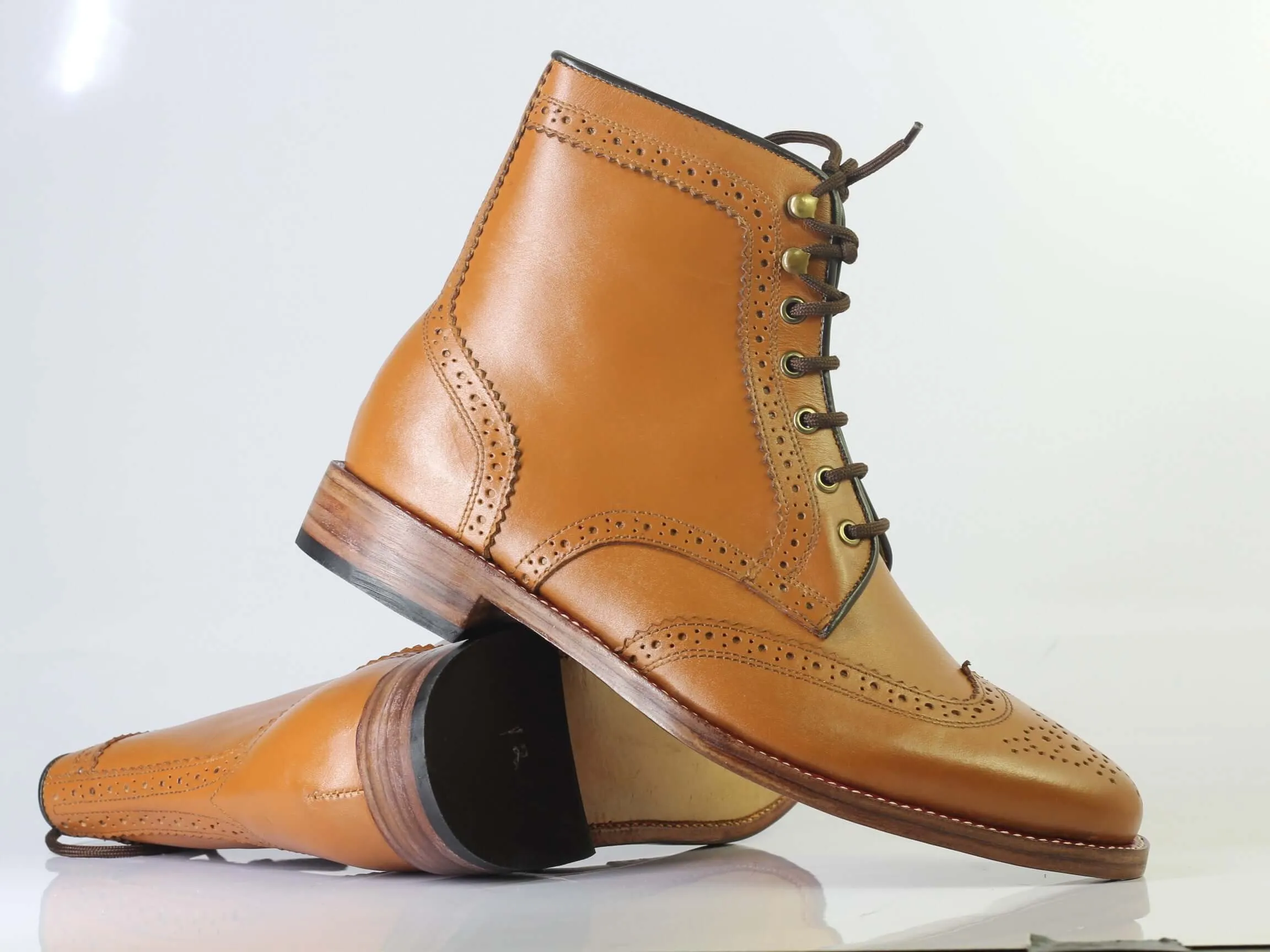 Bespoke Brown Wing Tip Brogue Lace Up Boots for Men