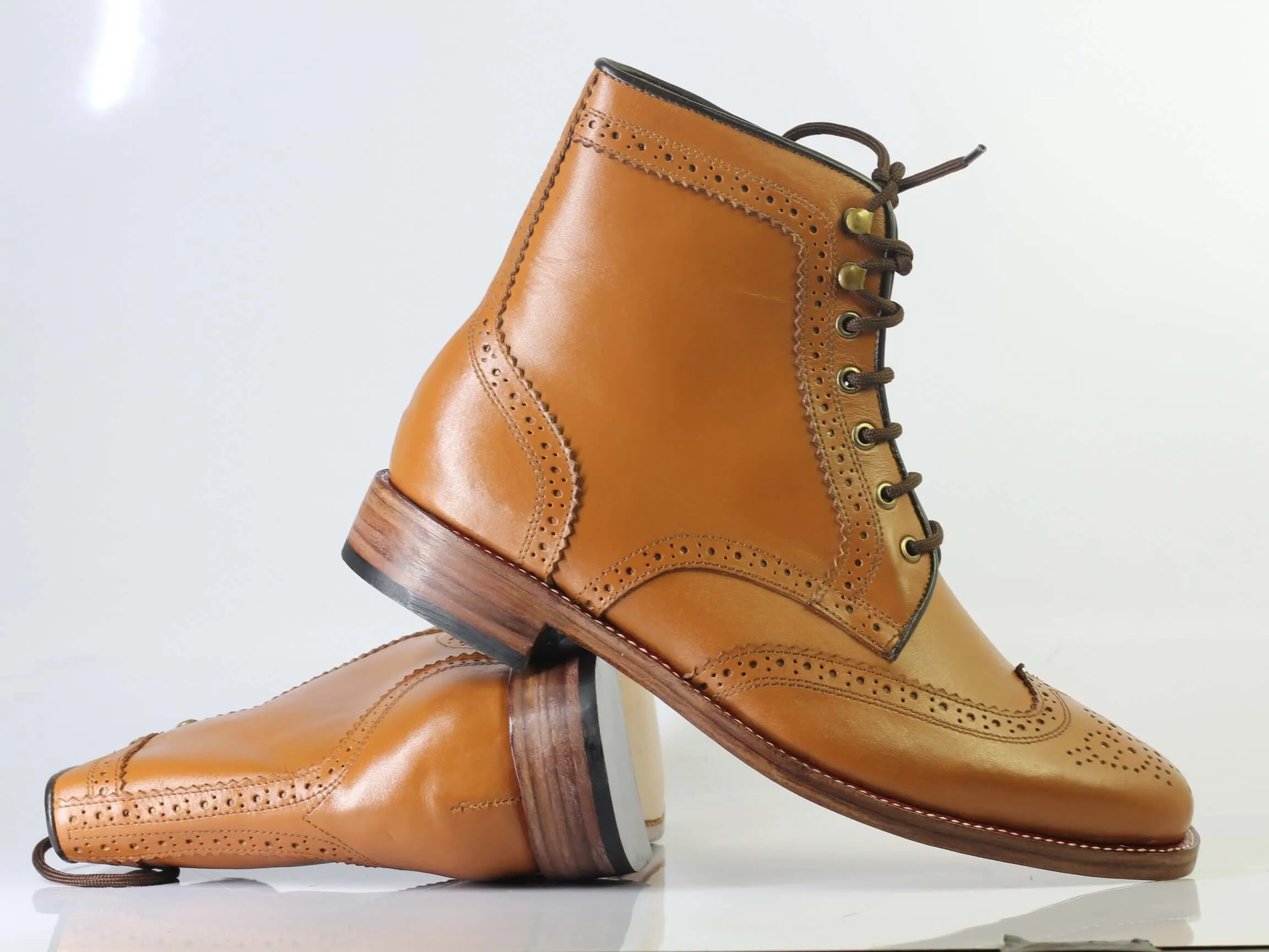 Bespoke Brown Wing Tip Brogue Lace Up Boots for Men