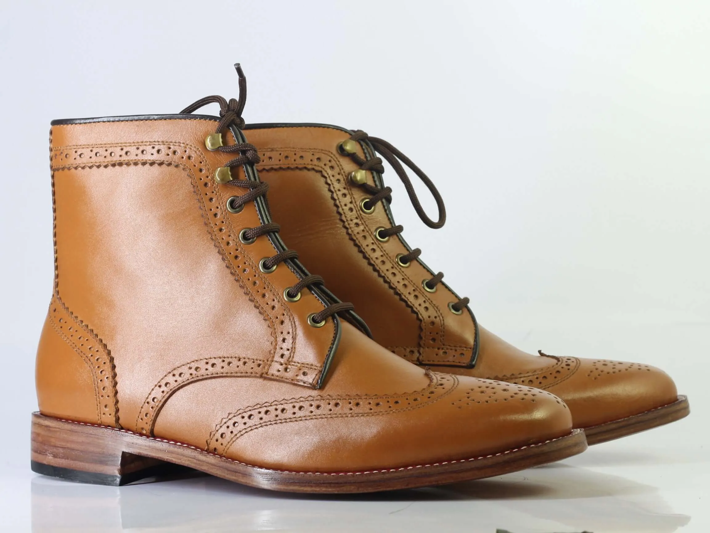 Bespoke Brown Wing Tip Brogue Lace Up Boots for Men