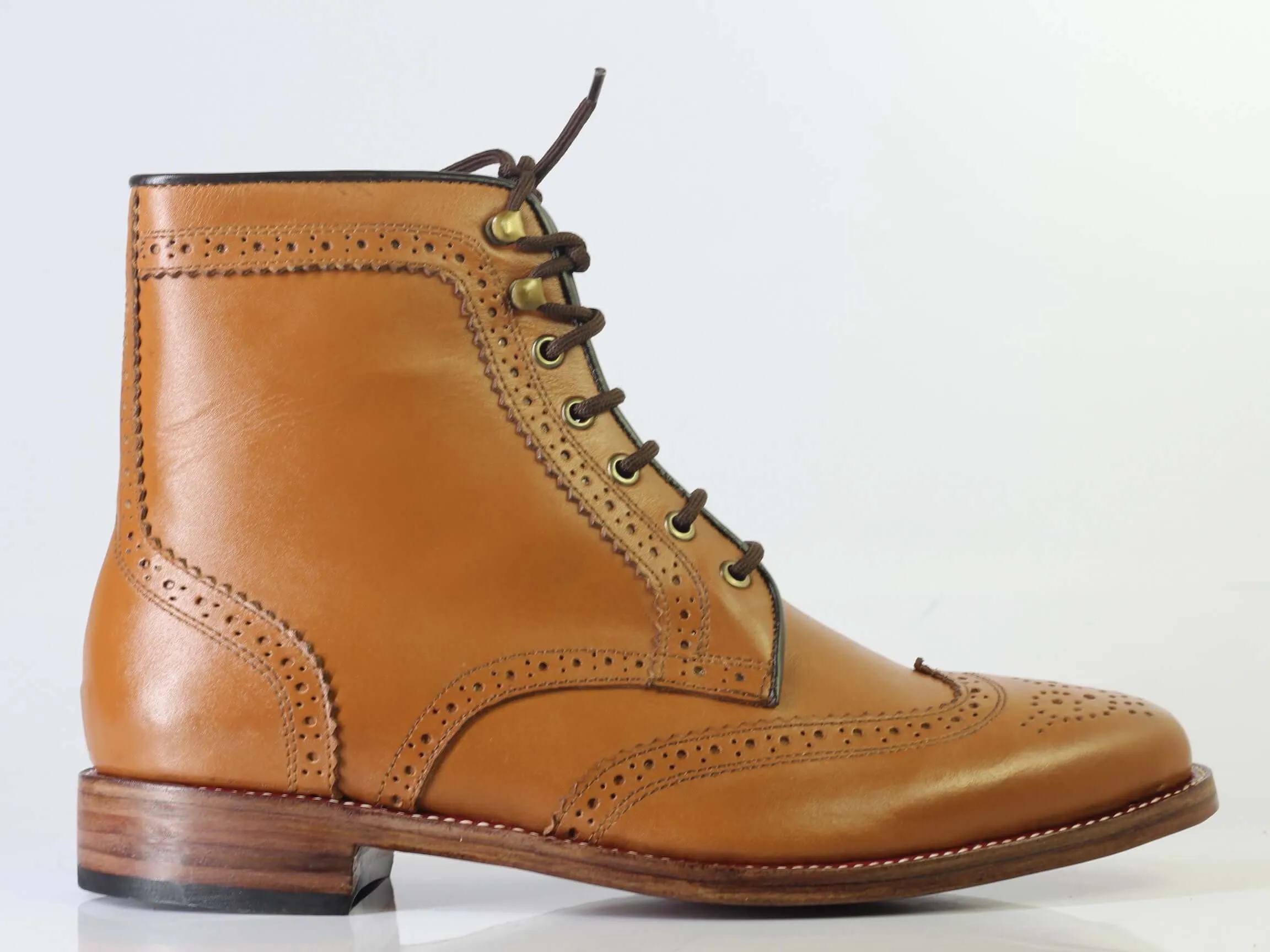 Bespoke Brown Wing Tip Brogue Lace Up Boots for Men