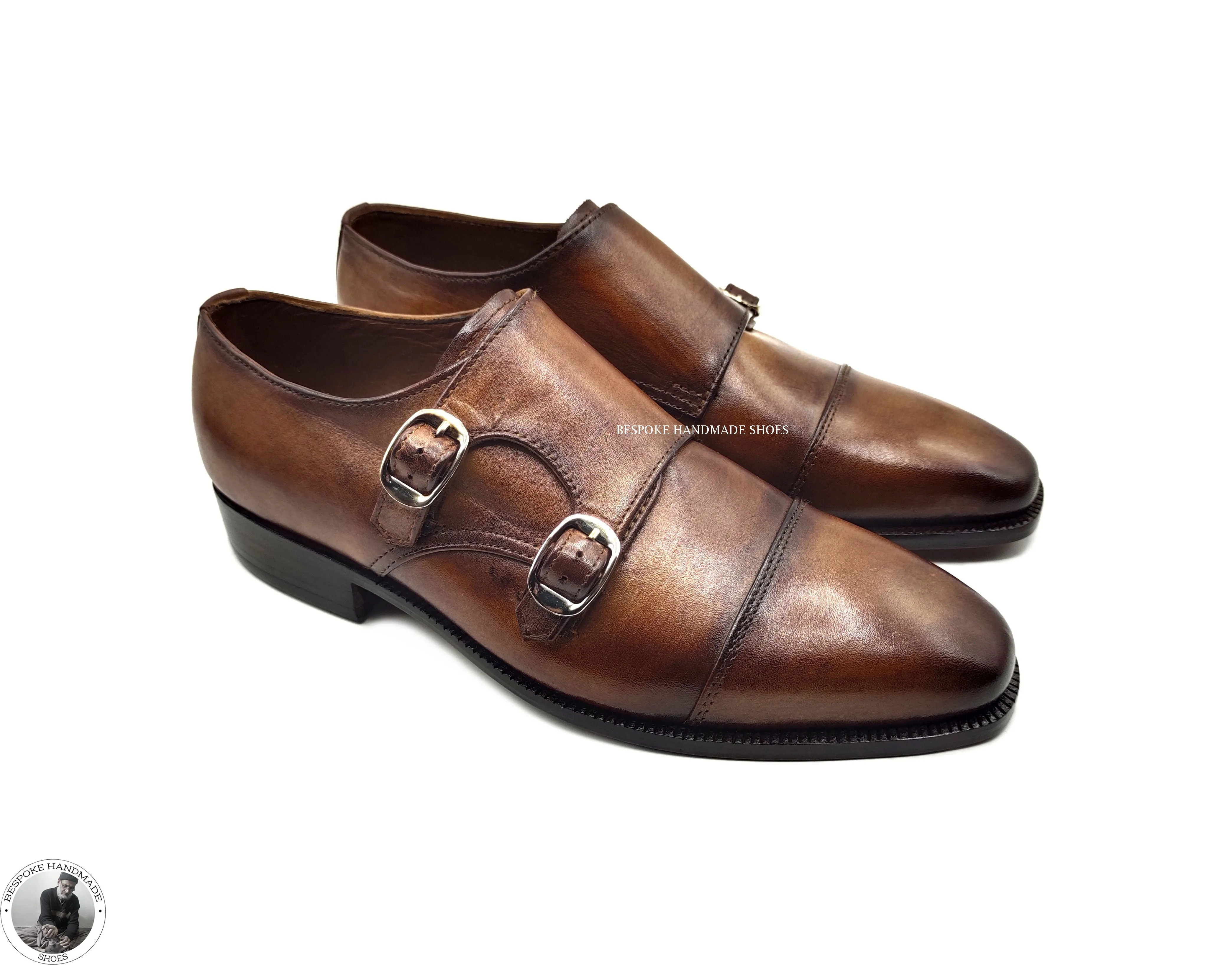 Bespoke Handcrafted Dress Shoes, Brown Color Premium Quality Double Monk Strap And Cap toe Casual Shoes