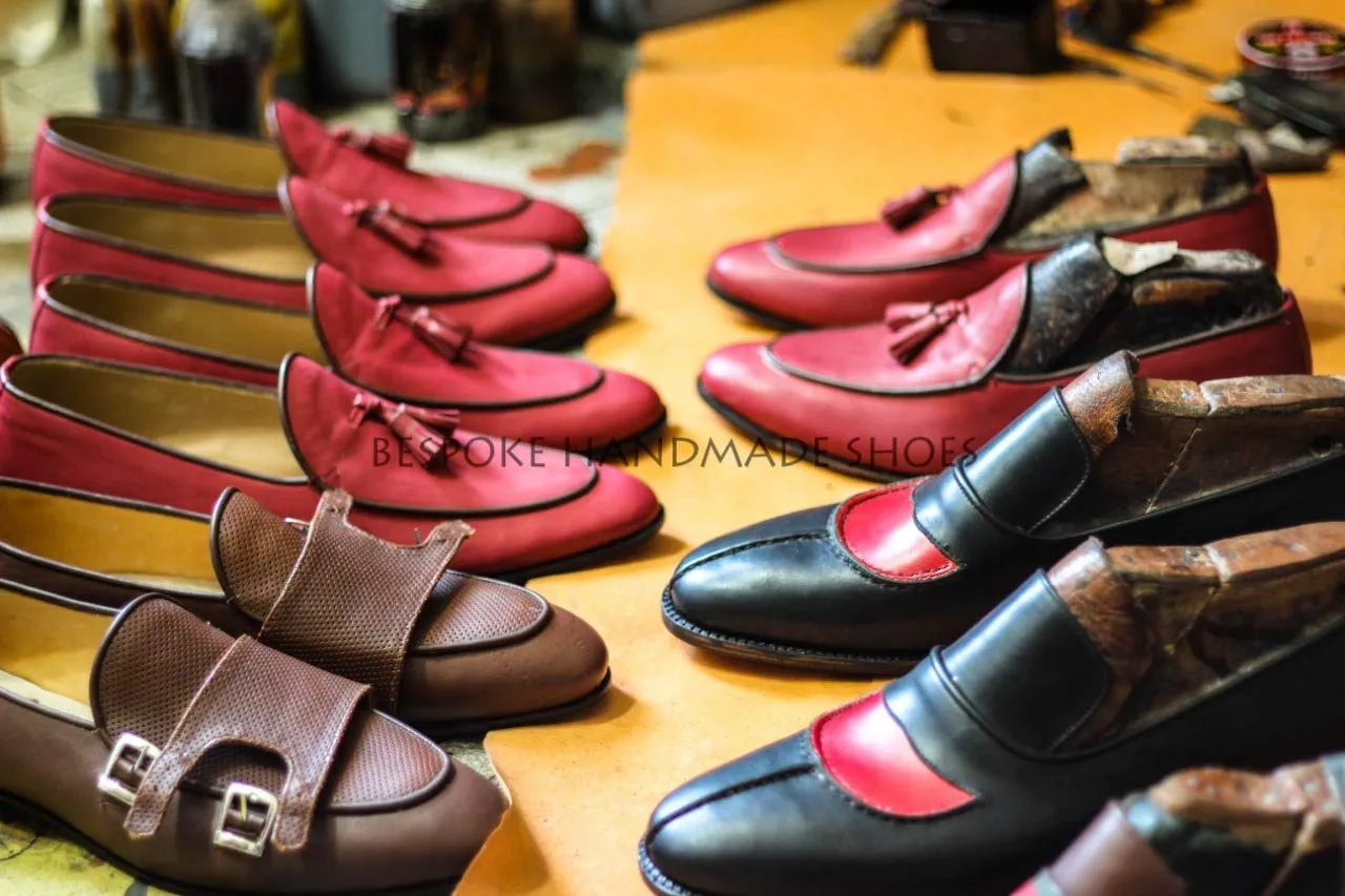 Bespoke Handmade White & Red Leather Black Shaded Oxford Wingtip Brogue Lace up Men's Shoes