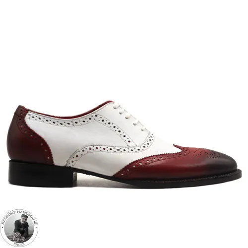 Bespoke Handmade White & Red Leather Black Shaded Oxford Wingtip Brogue Lace up Men's Shoes