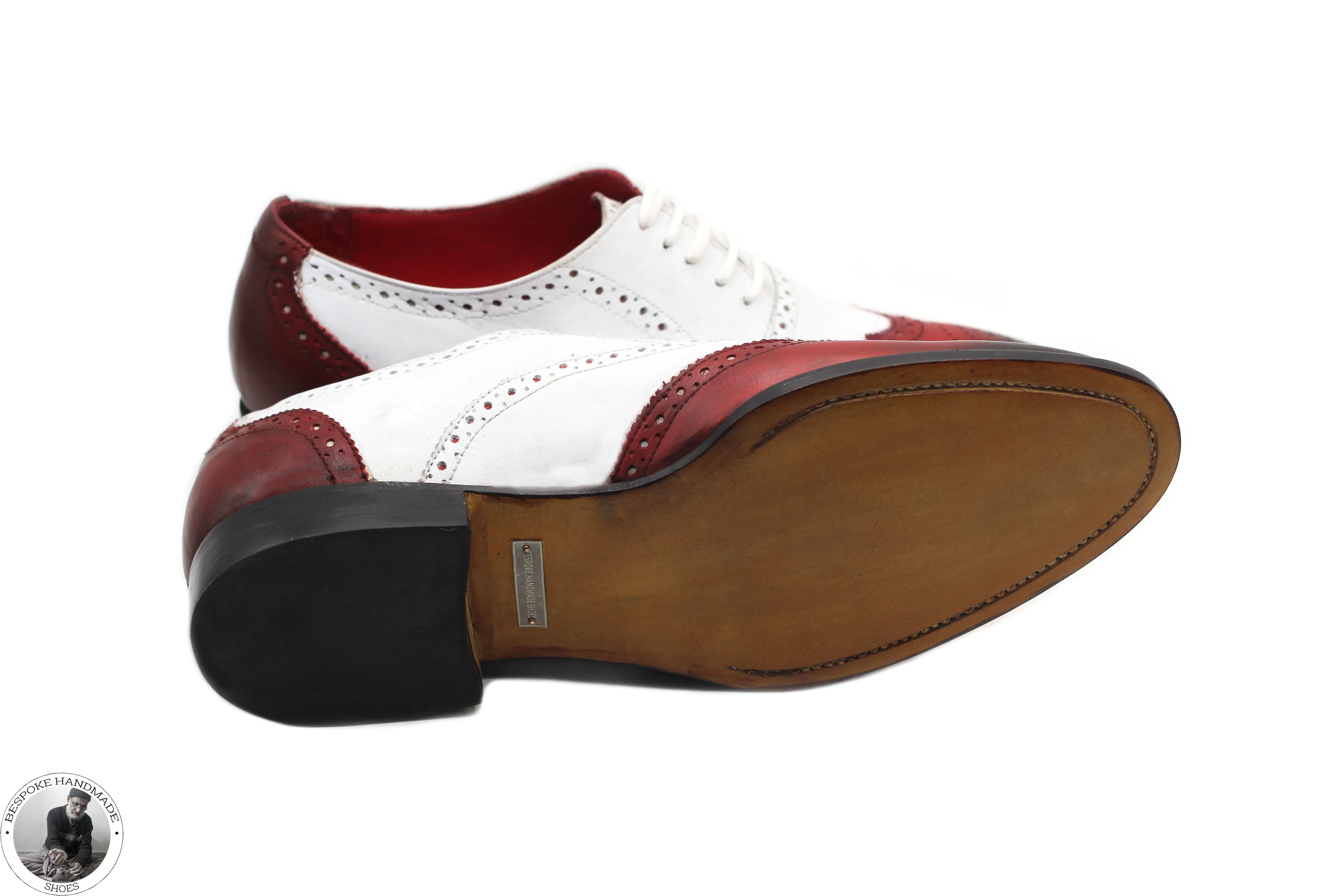 Bespoke Handmade White & Red Leather Black Shaded Oxford Wingtip Brogue Lace up Men's Shoes