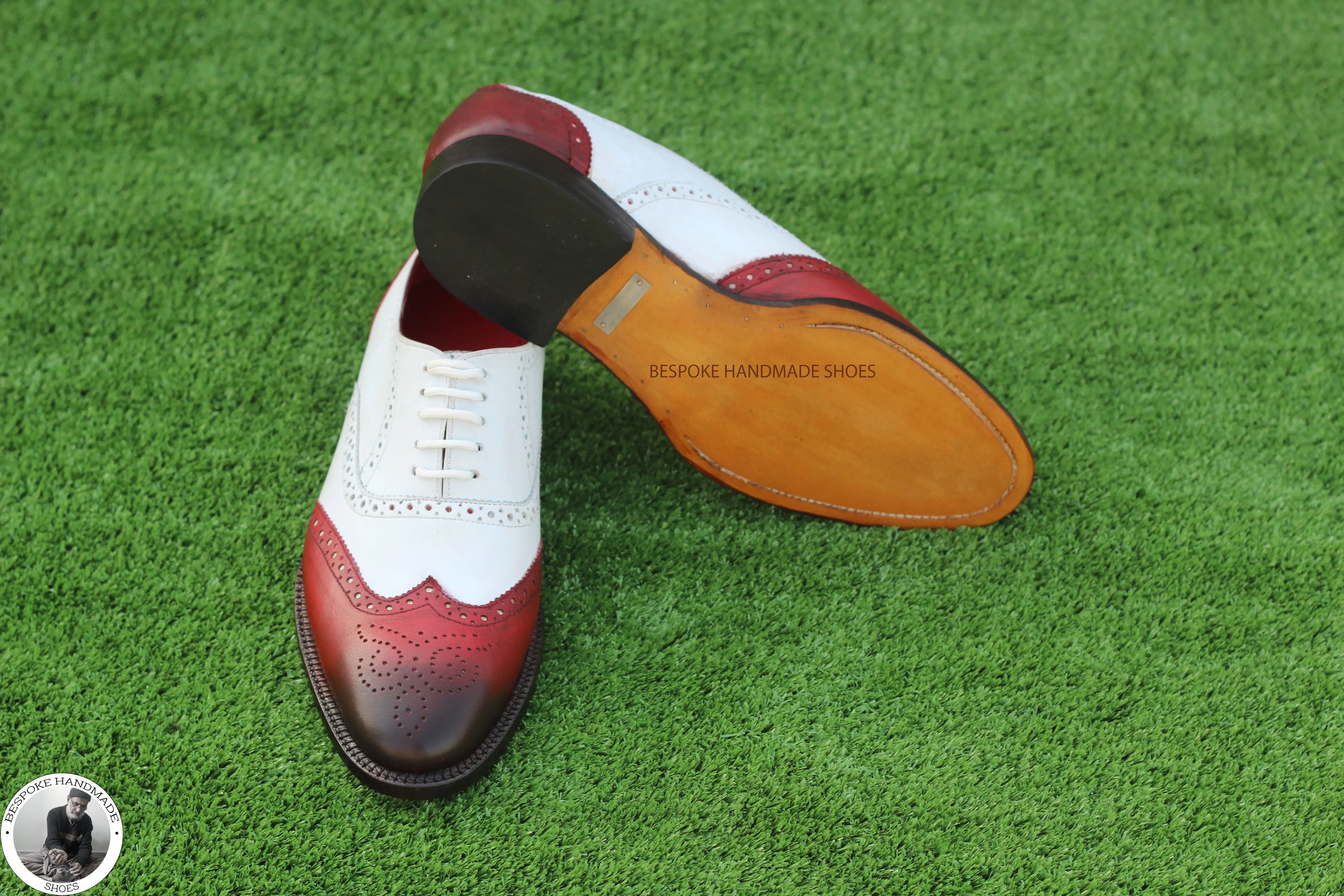 Bespoke Handmade White & Red Leather Black Shaded Oxford Wingtip Brogue Lace up Men's Shoes