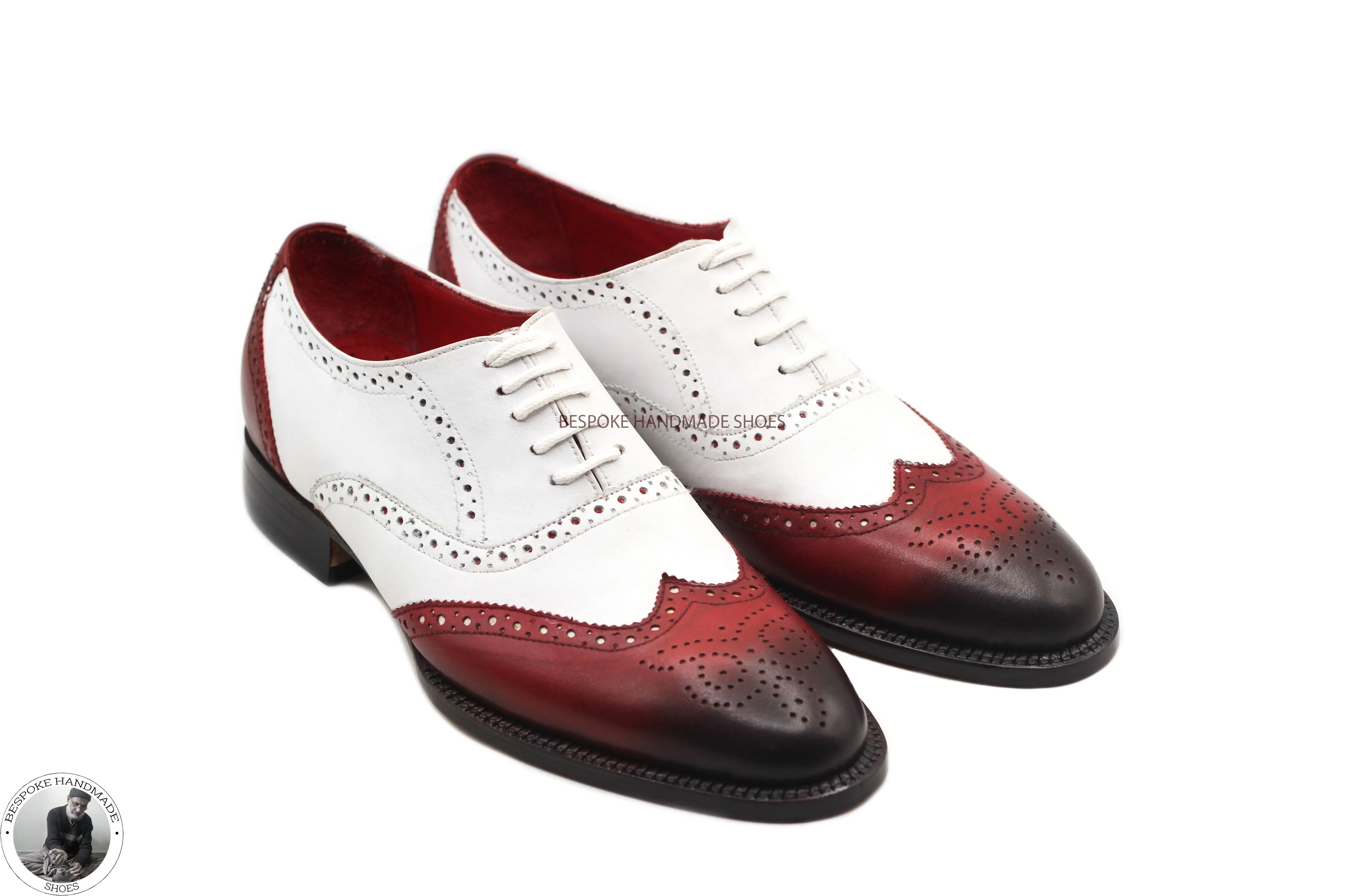 Bespoke Handmade White & Red Leather Black Shaded Oxford Wingtip Brogue Lace up Men's Shoes