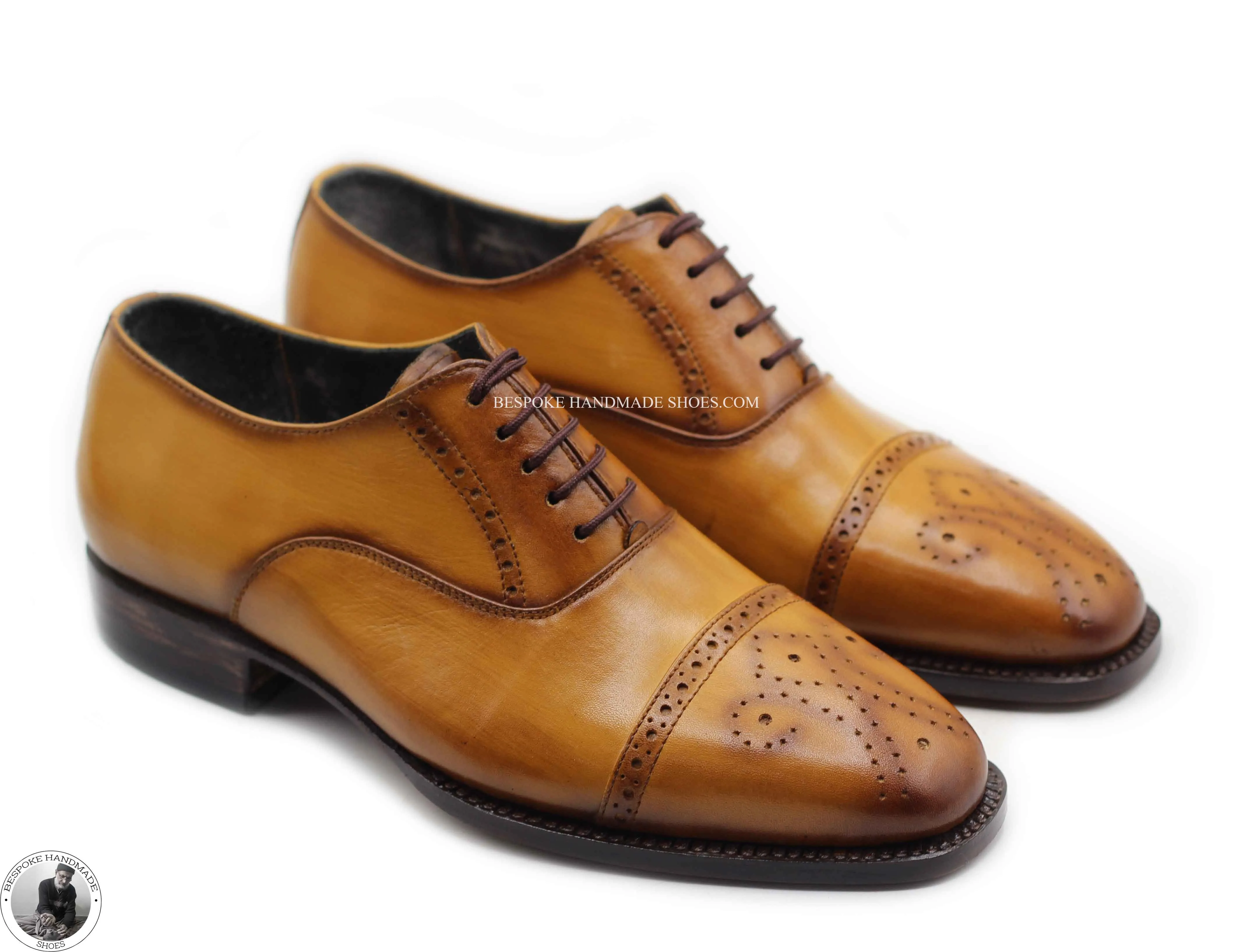 Bespoke Men's Handmade Tan Leather Oxford Toe Cap Brogue Dress Shoes For Men's