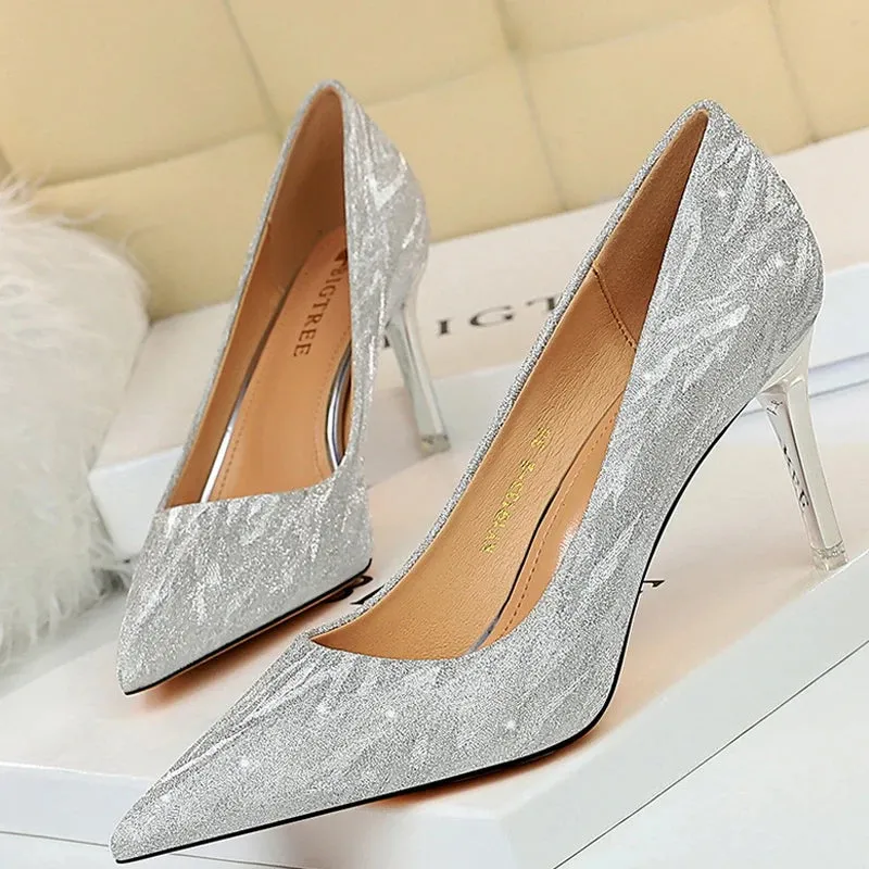 BIGTREE Shoes Woman Pumps Silver Champagne High Heels Stiletto Wedding Shoes Sequins Women Heels Fashion Ladies Shoes Party Shoe