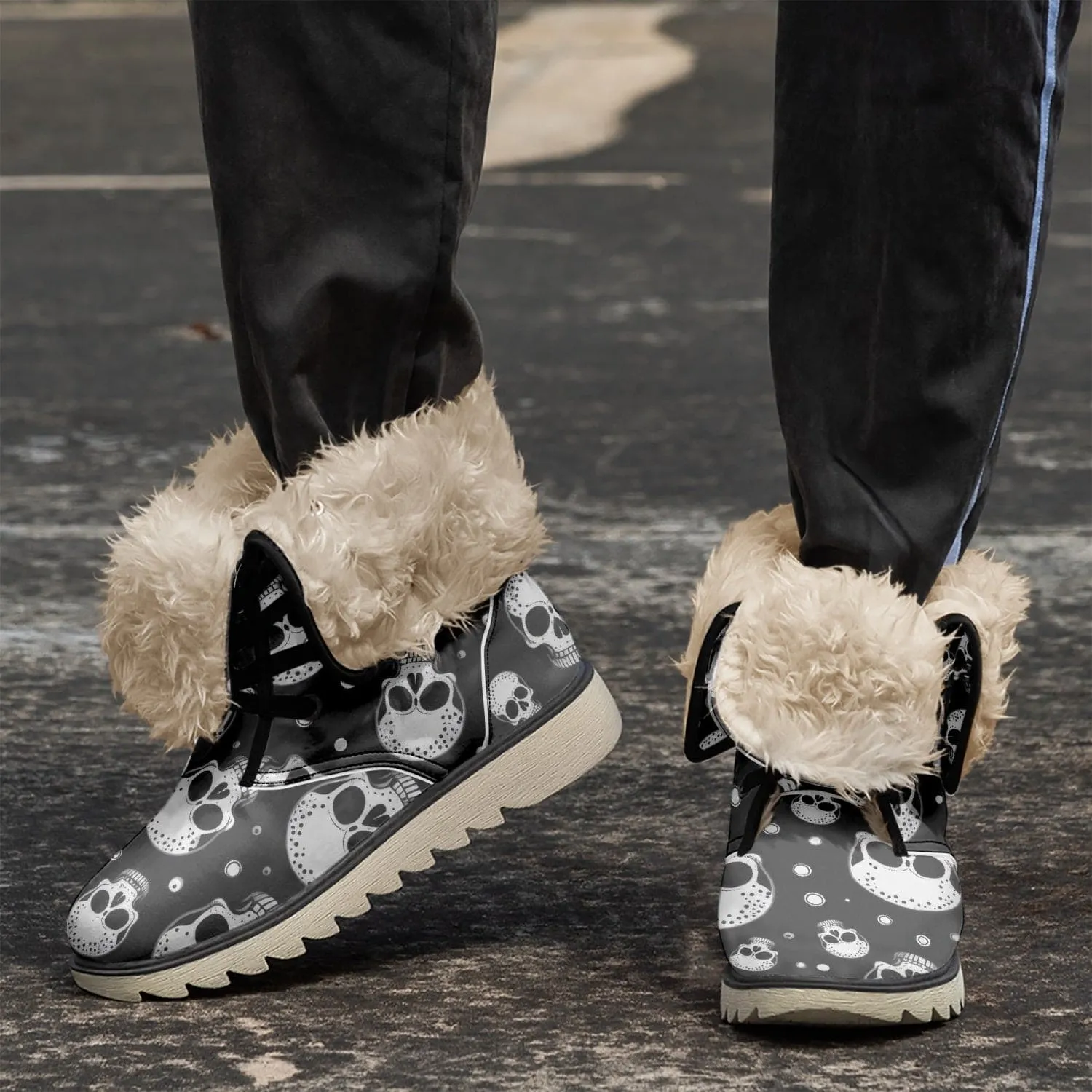 Black Gray Skulls Cotton-Pad Fur Lining Boots