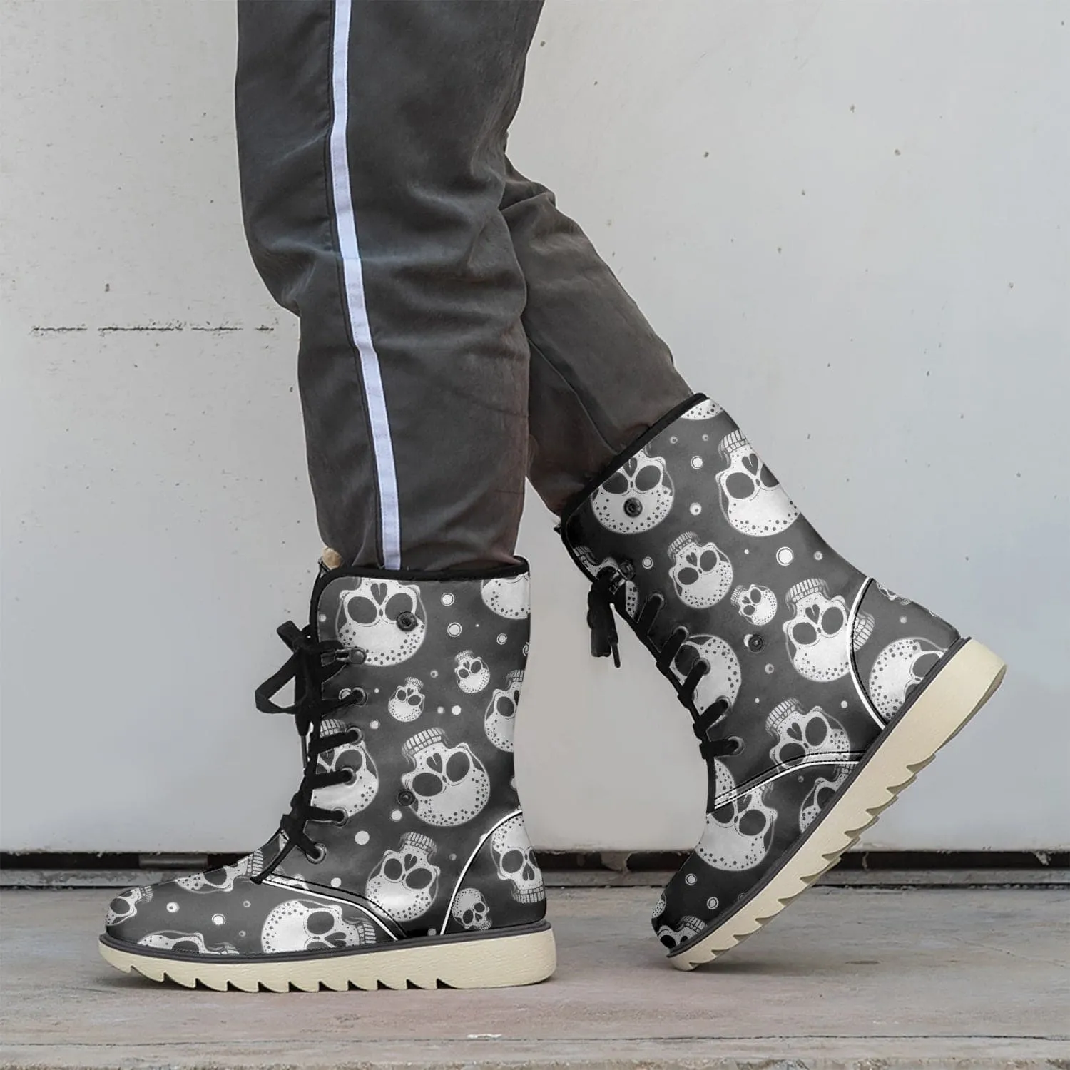 Black Gray Skulls Cotton-Pad Fur Lining Boots