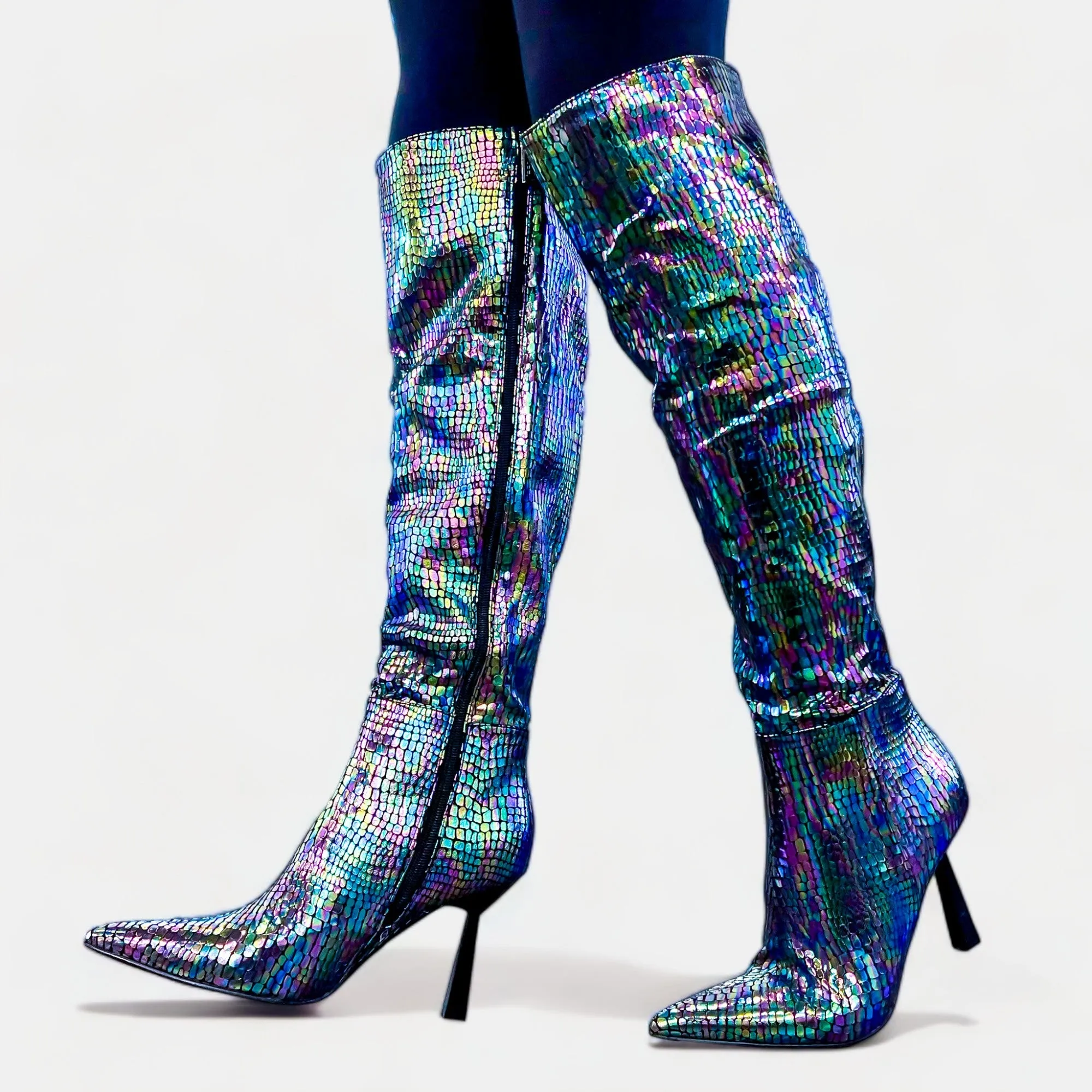 Black Iridescent Knee High Boots