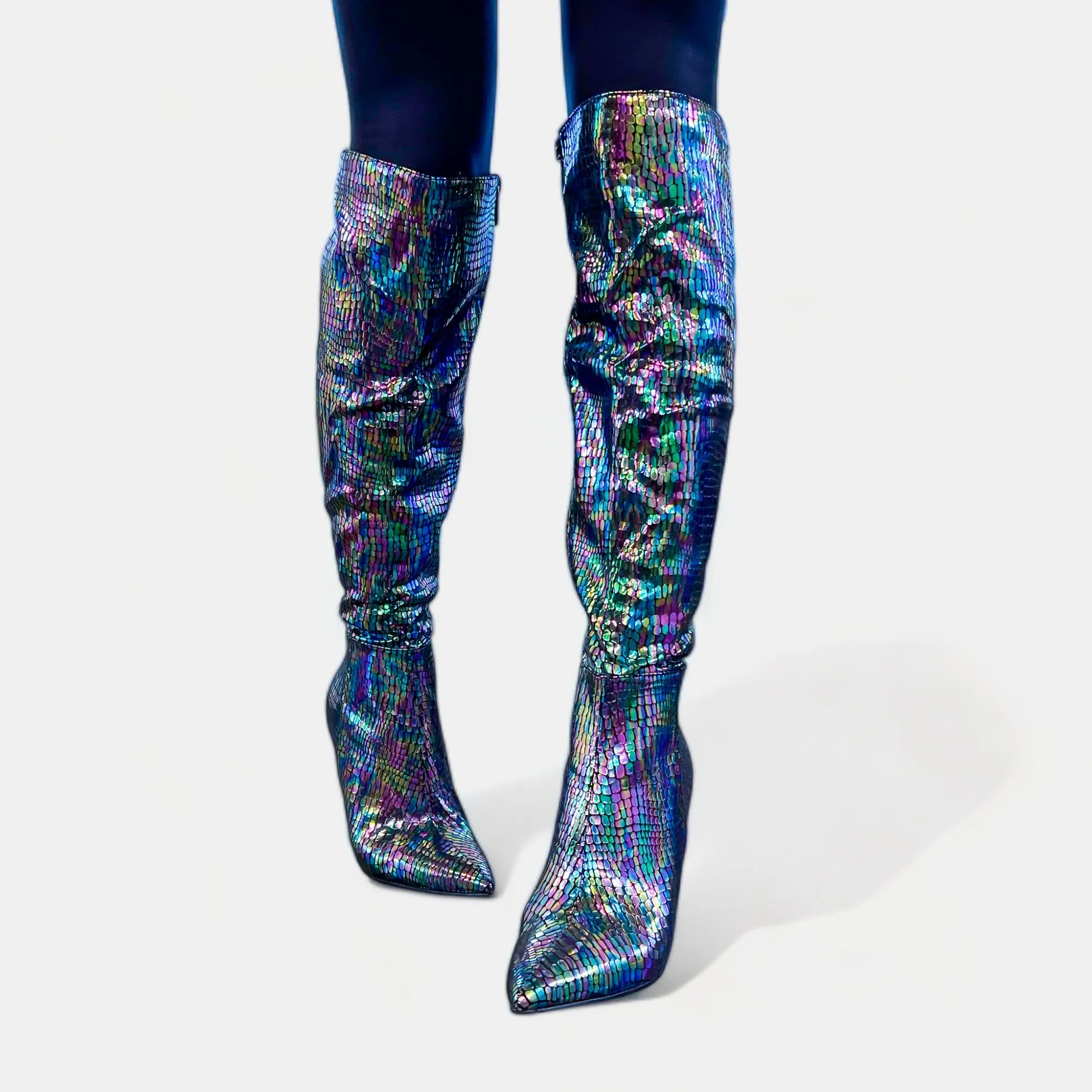 Black Iridescent Knee High Boots