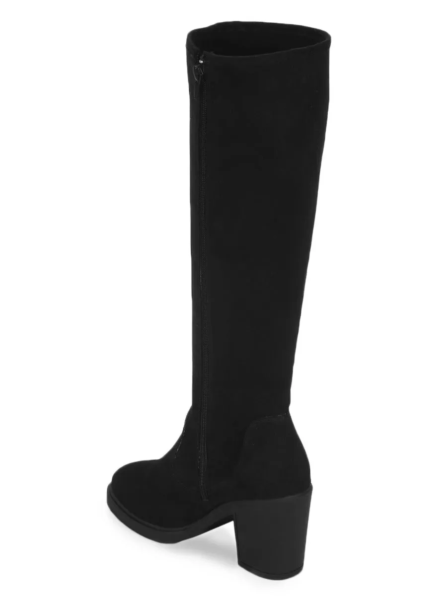 Black Micro Block Heel Long Boots