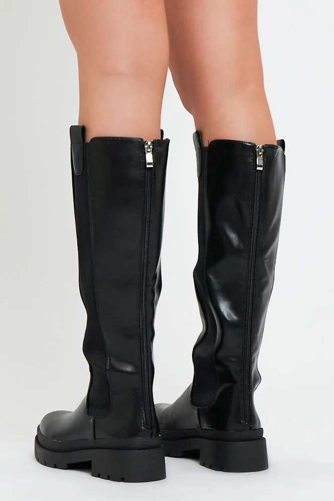 Black PU Leather Knee High Boots - Temi