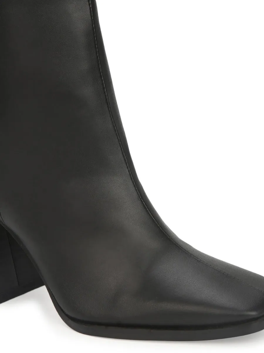 Black PU Side Zip Block Ankle Boots