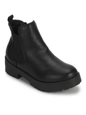 Black PU Slip On Low Heel Ankle Boots