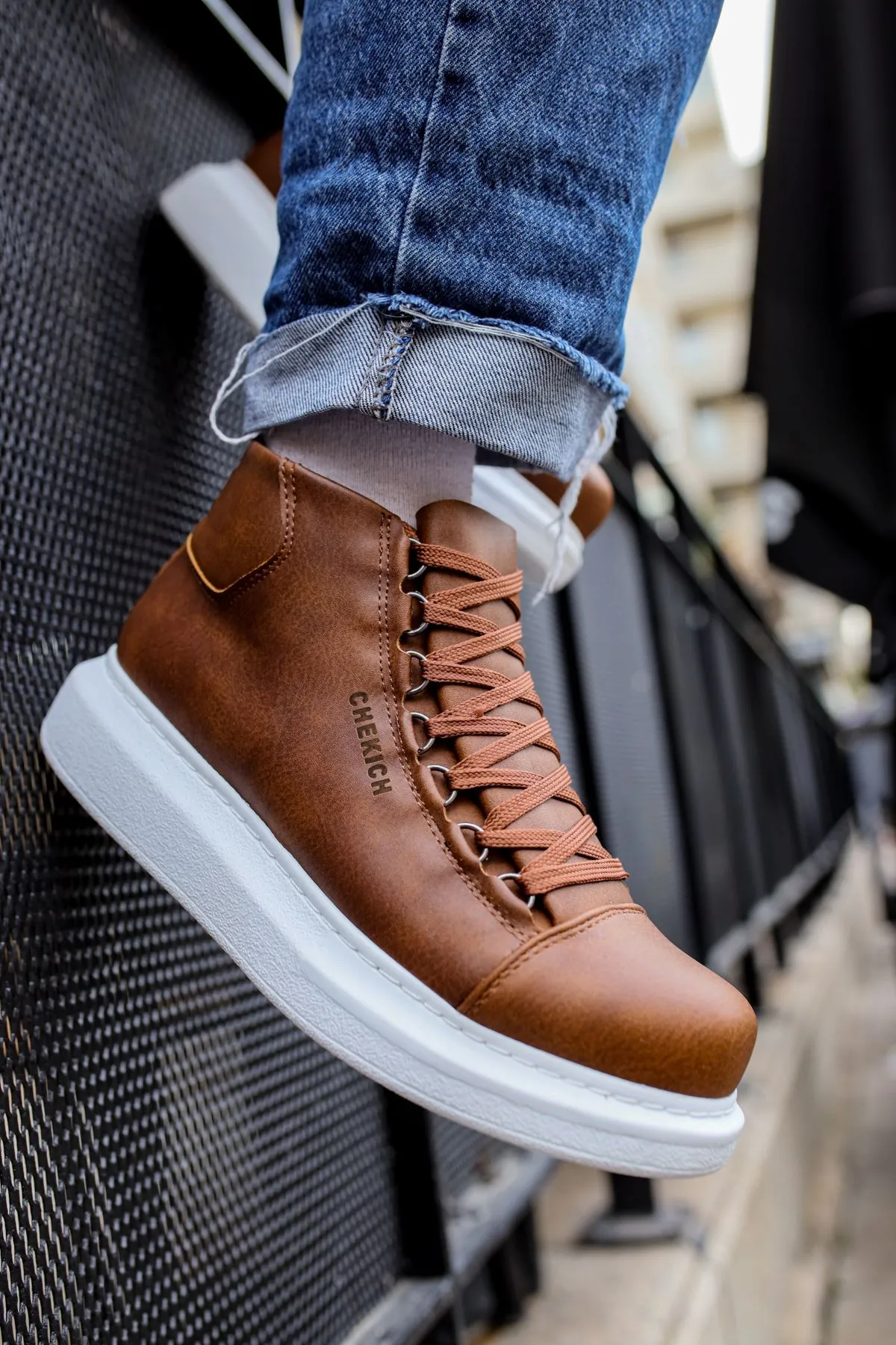 CH258 Men's Brown-White Sole Metal Slug Lace-up High Sole Casual Sneaker Sports Boots