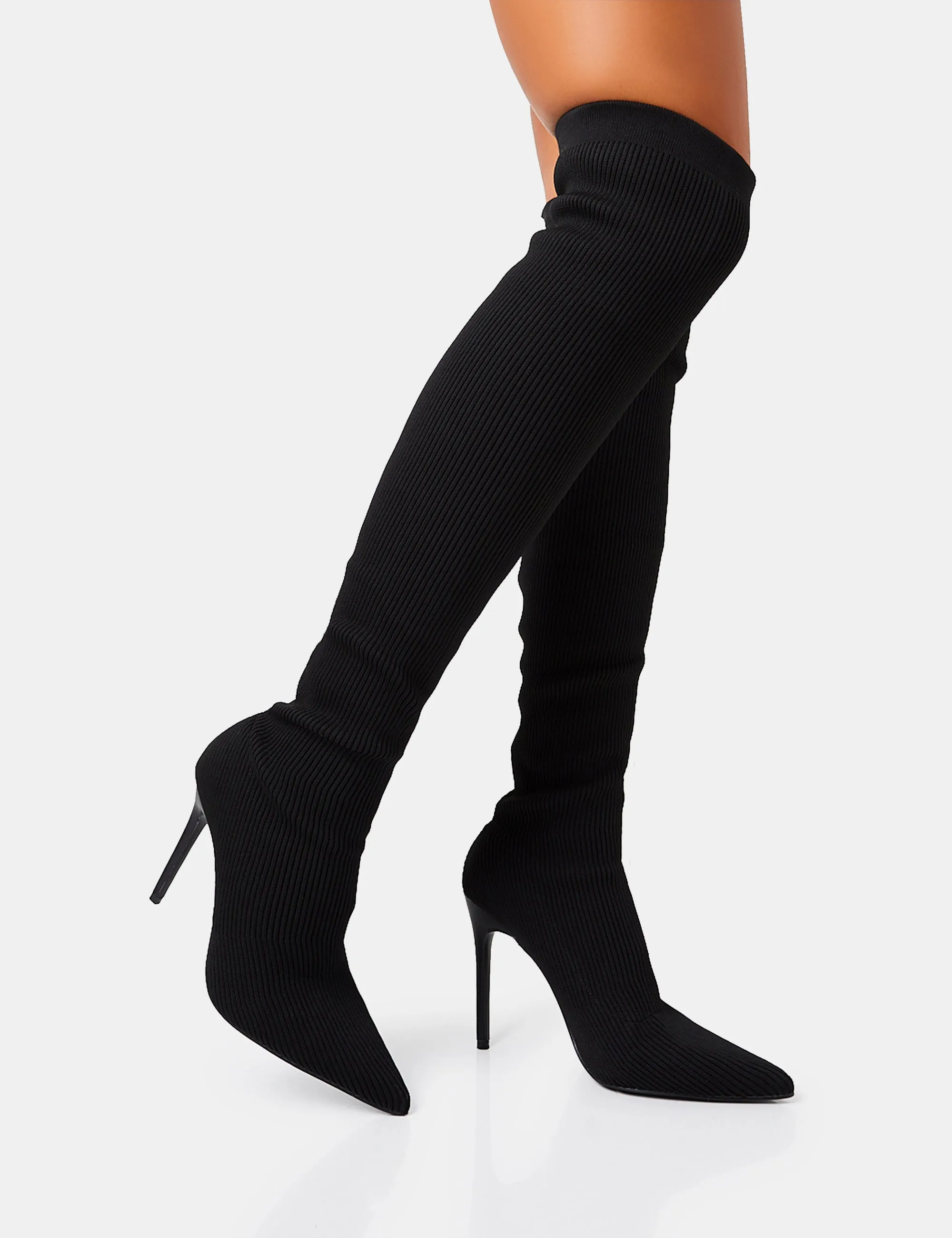 Chateau Black Knitted Sock Stiletto Over The Knee Pointed Toe Boots