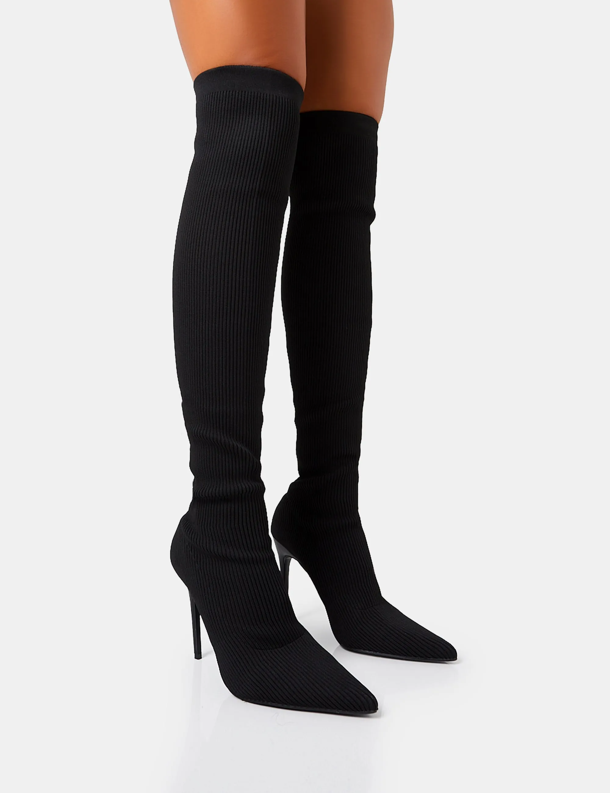 Chateau Black Knitted Sock Stiletto Over The Knee Pointed Toe Boots